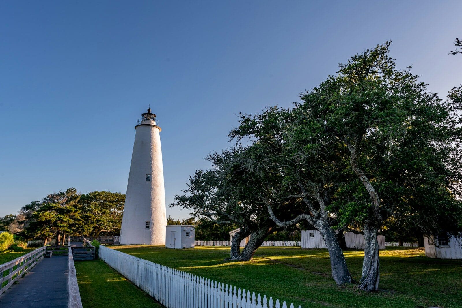 Ocracoke Island lighthouse white tower under clear blue sky on the Outer Banks