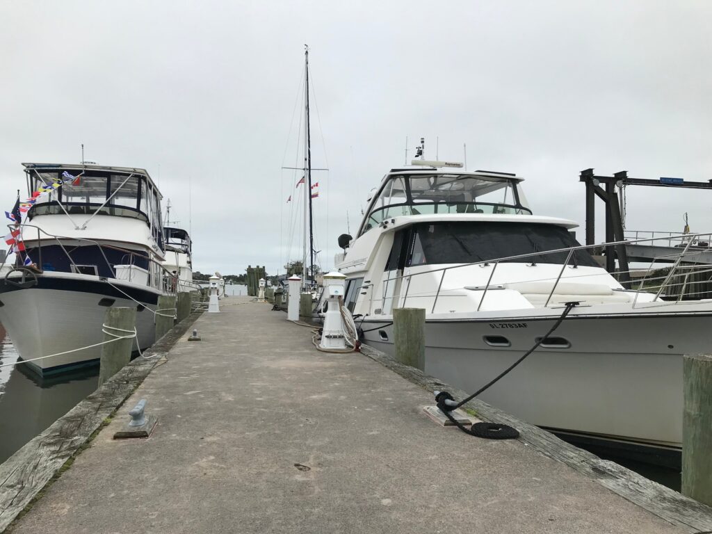 Sportfishing boats tied up along the docks at Silver Lake harbour on Ocracoke Island.