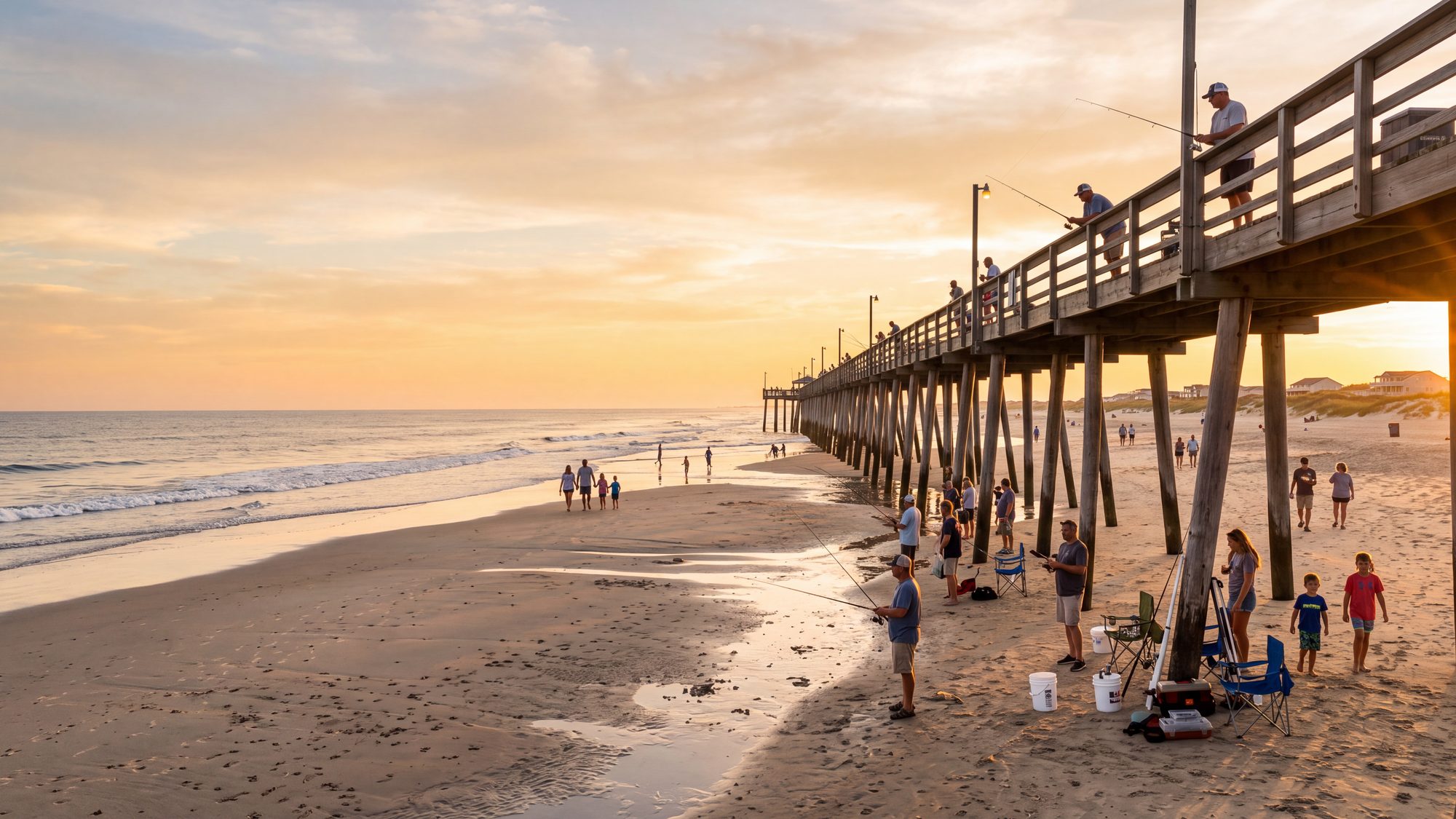 A long wooden fishing pier at golden hour with a wide low-tide beach below it — Outer Banks, NC