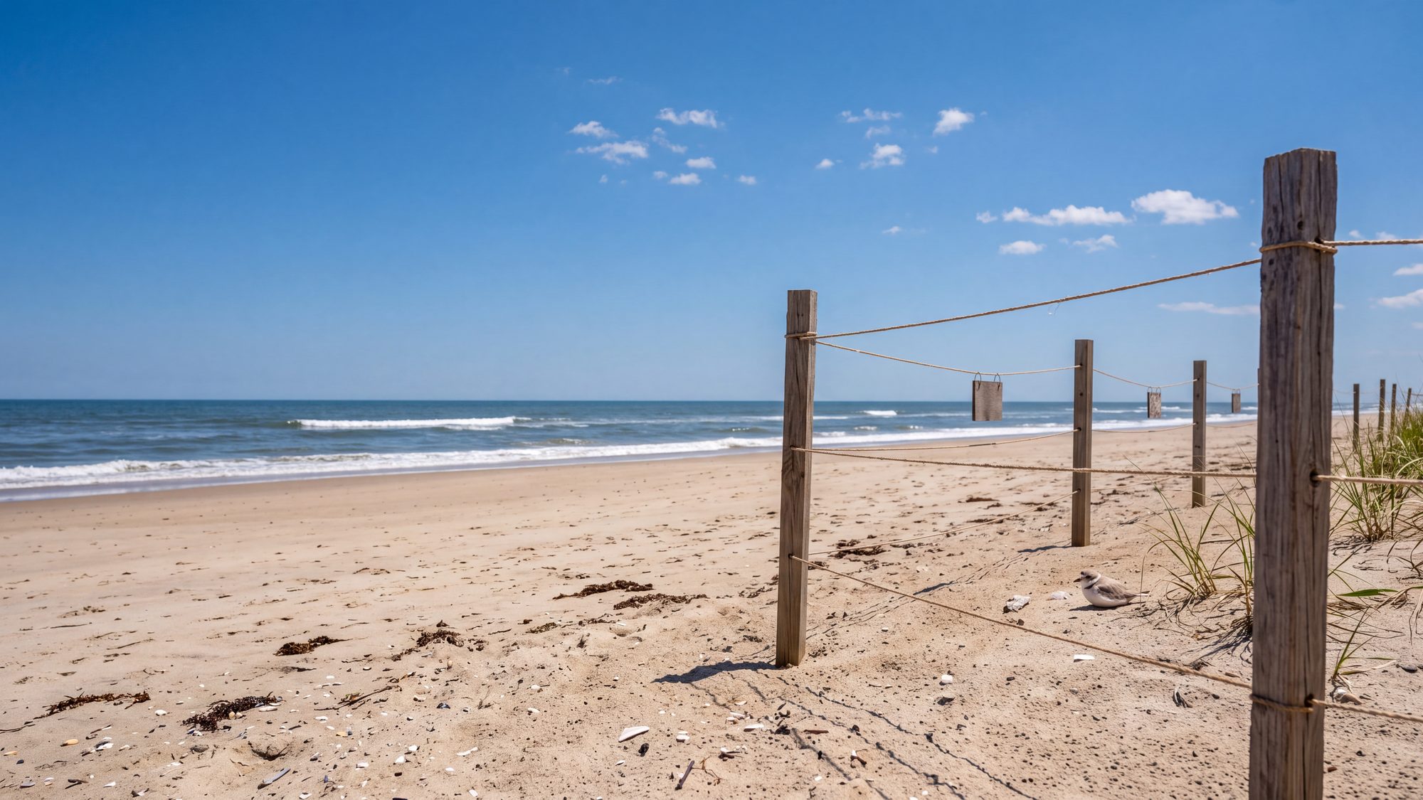 A wooden post-and-string fence across an empty beach protecting a nesting area with a small shorebird on the sand — Outer Banks, NC