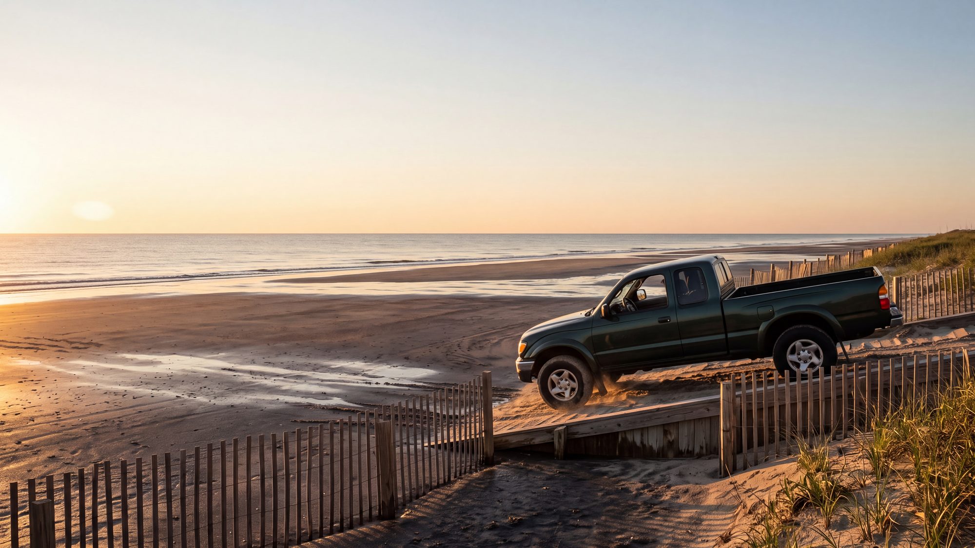 A 4x4 truck coming down a sandy beach ramp between dune fences onto wet low-tide sand — Outer Banks, NC