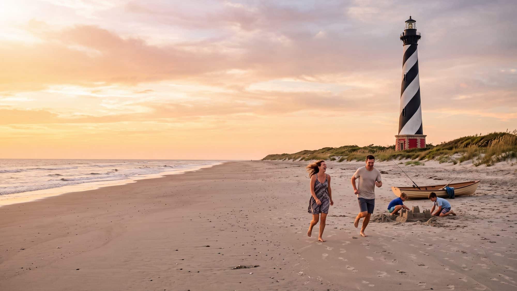 A wide beach at low tide with the Cape Hatteras Lighthouse rising over the dunes — Outer Banks, NC