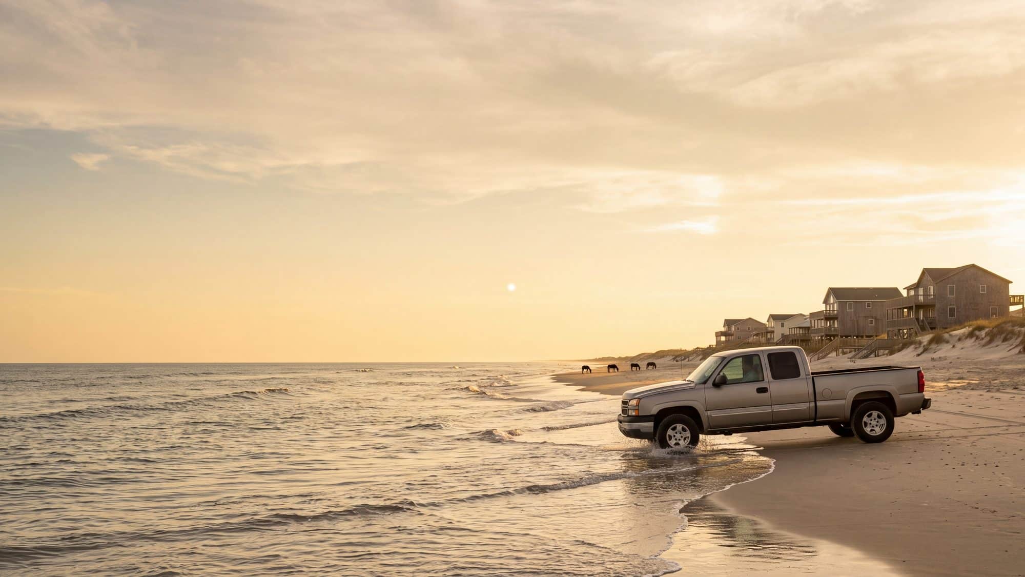 A 4x4 truck driving along the tide line at low tide past beach houses standing in the dunes, wild horses far down the beach — Outer Banks, NC