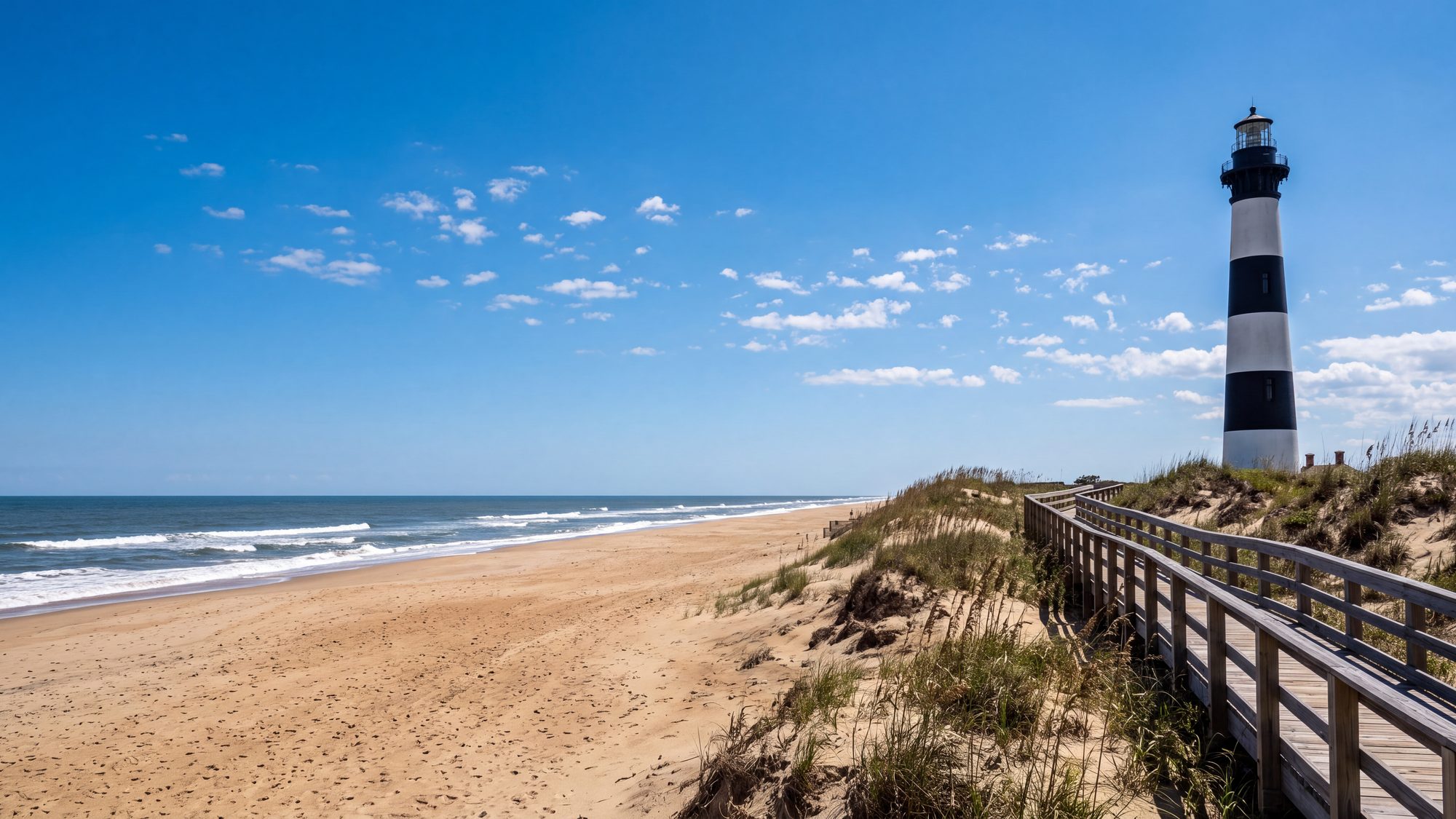 A wide empty beach with a wooden boardwalk over the dune and the Bodie Island Lighthouse far behind — Outer Banks, NC