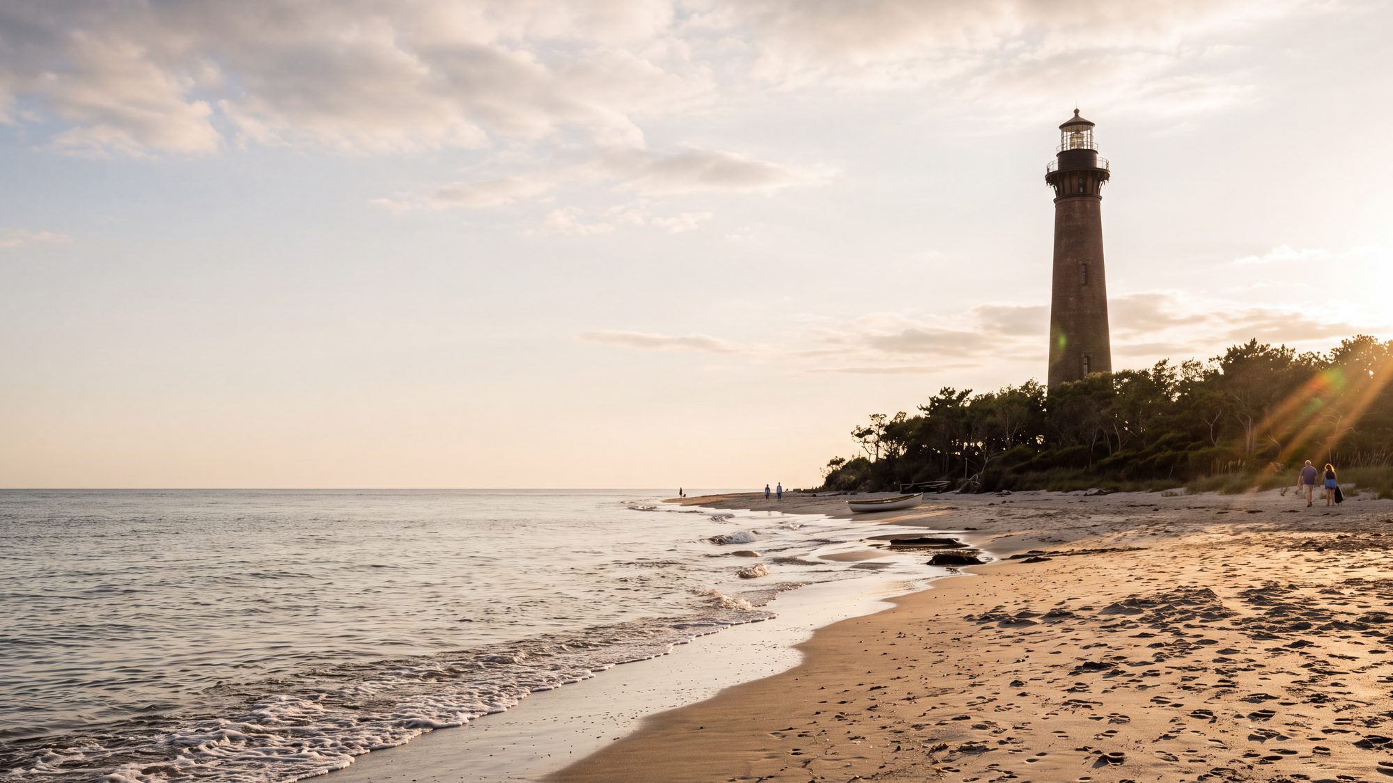 A wide beach at low tide with the Currituck Beach Lighthouse standing far behind among low trees — Outer Banks, NC