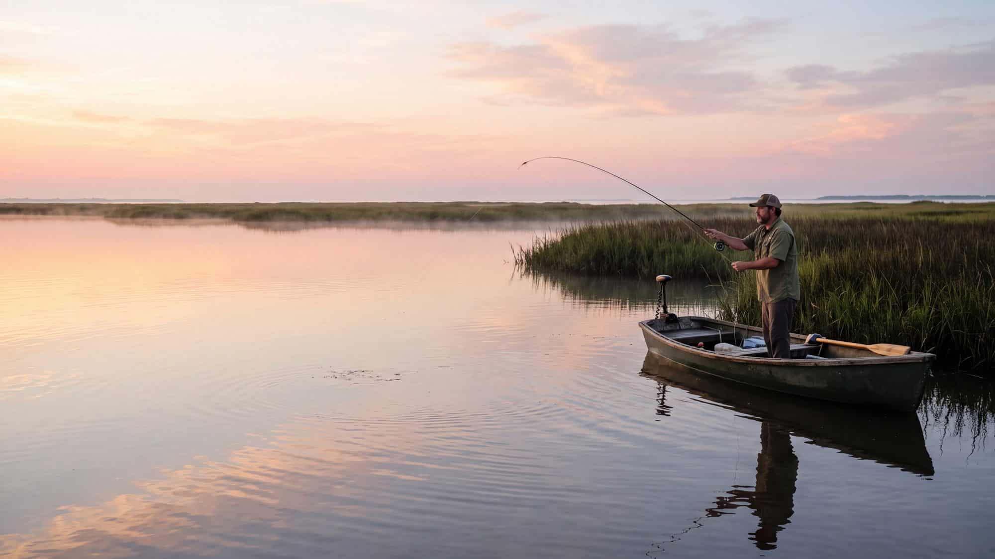 A flat calm shallow sound at sunrise with an angler in a small skiff casting toward a marsh edge — Outer Banks, NC