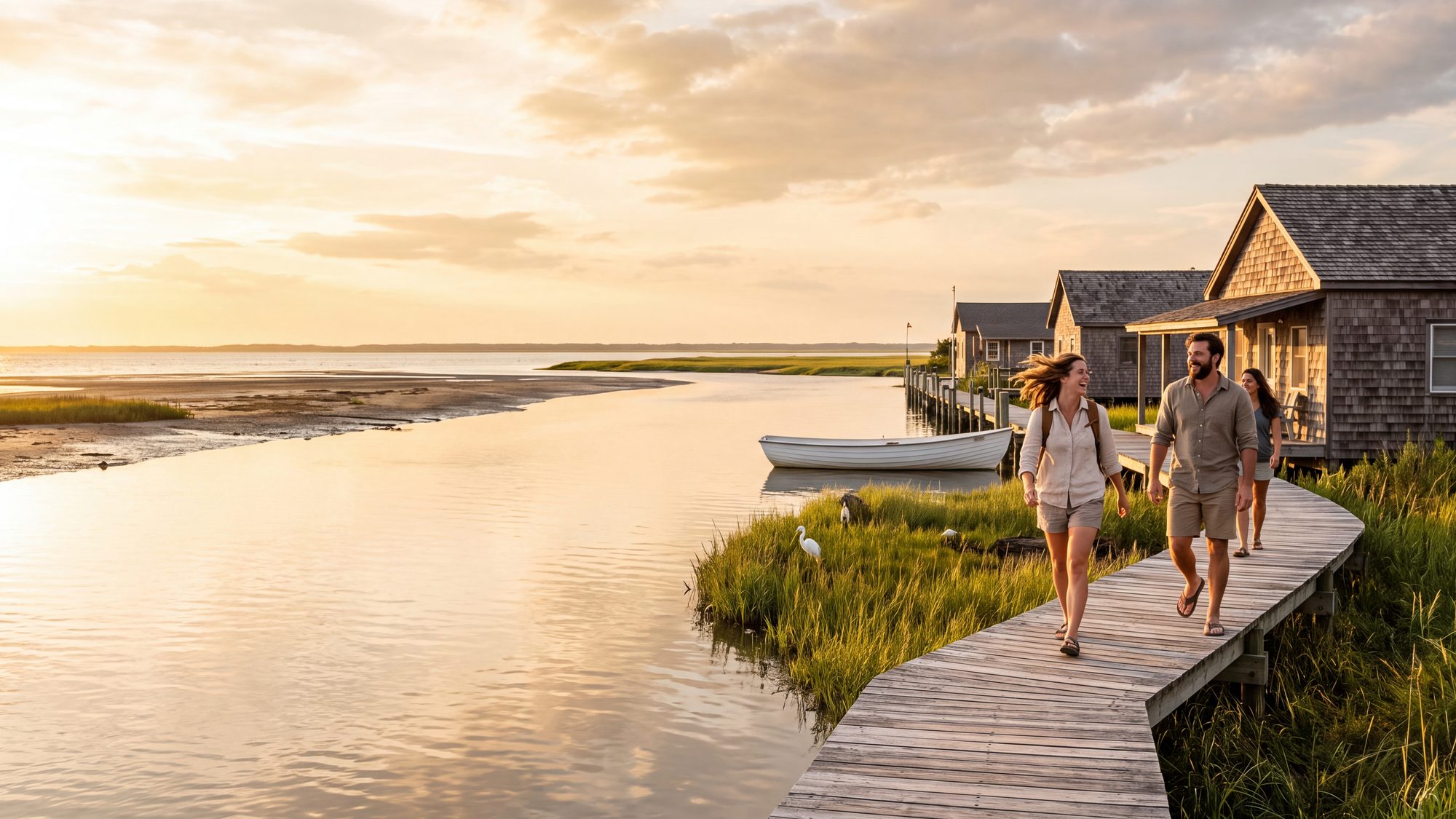 A wooden soundside boardwalk winding through marsh grass with cedar-shingled buildings, calm water at low tide — Outer Banks, NC