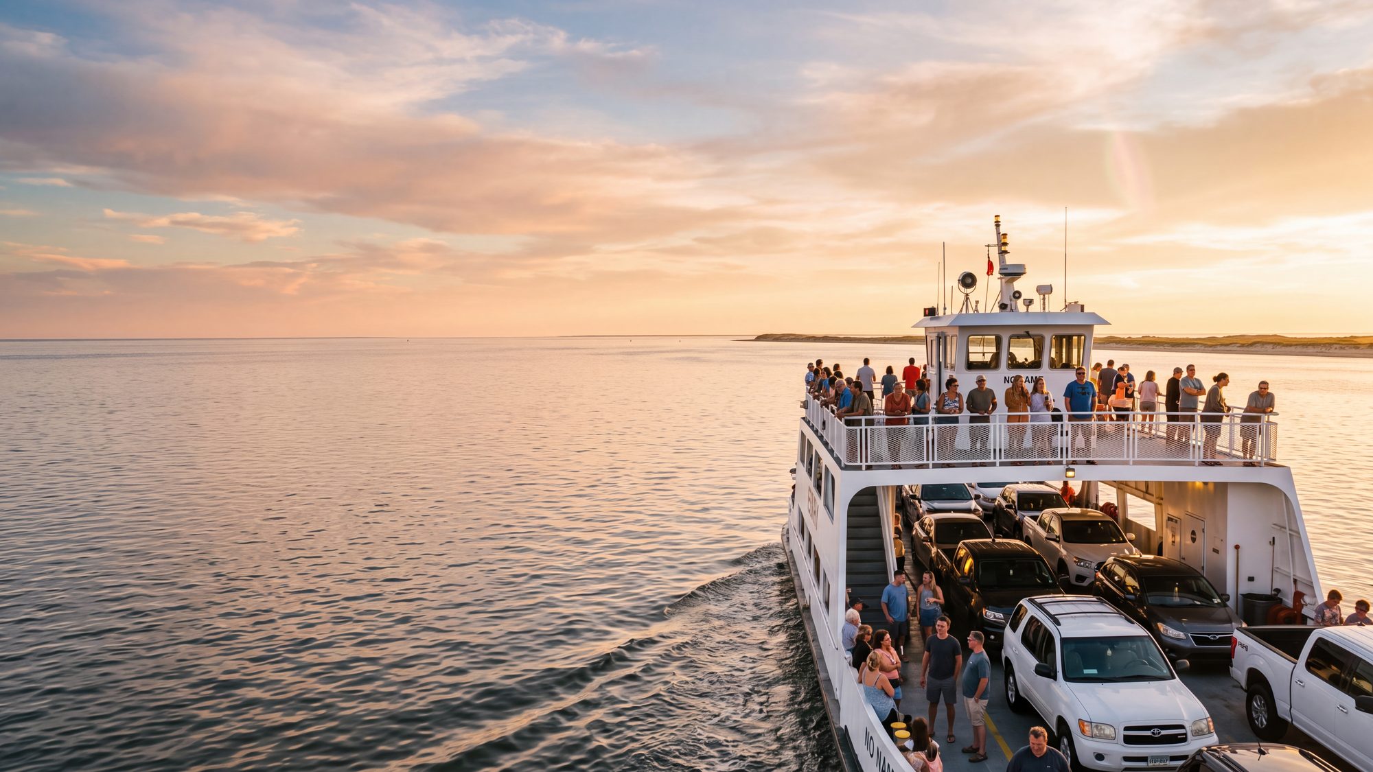 A white sound ferry with vehicles on its open deck crossing calm water at golden hour — Outer Banks, NC