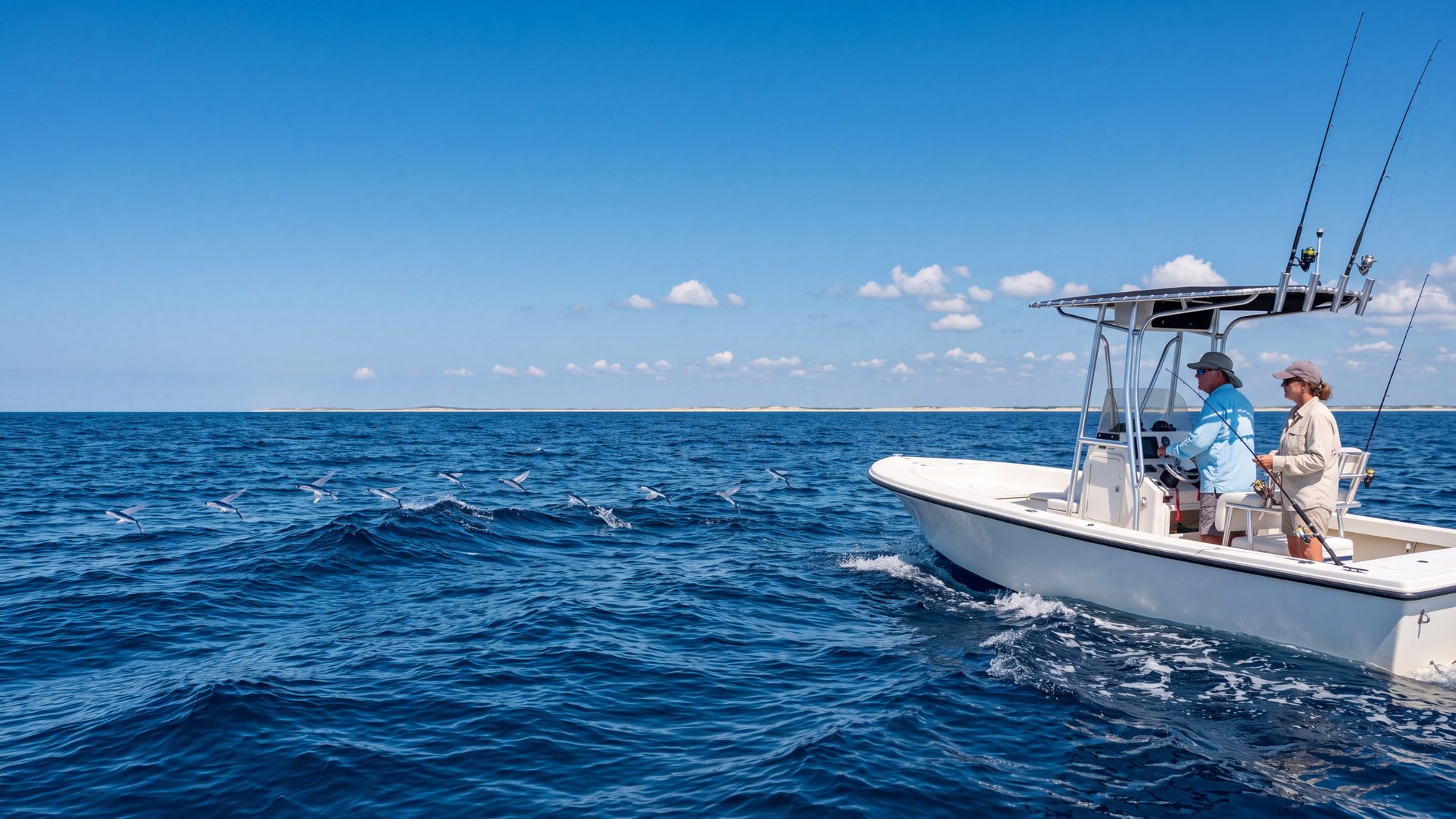Deep blue offshore water with flying fish scattering ahead of a white center-console boat, two anglers aboard — Outer Banks, NC