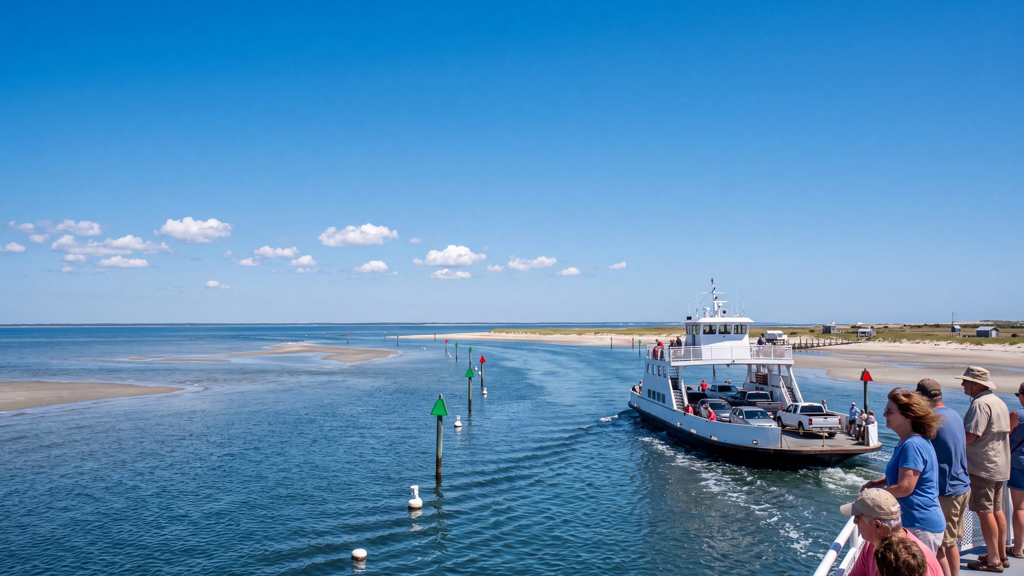 A white sound ferry crossing a wide sandy inlet with shoals and channel markers — Outer Banks, NC