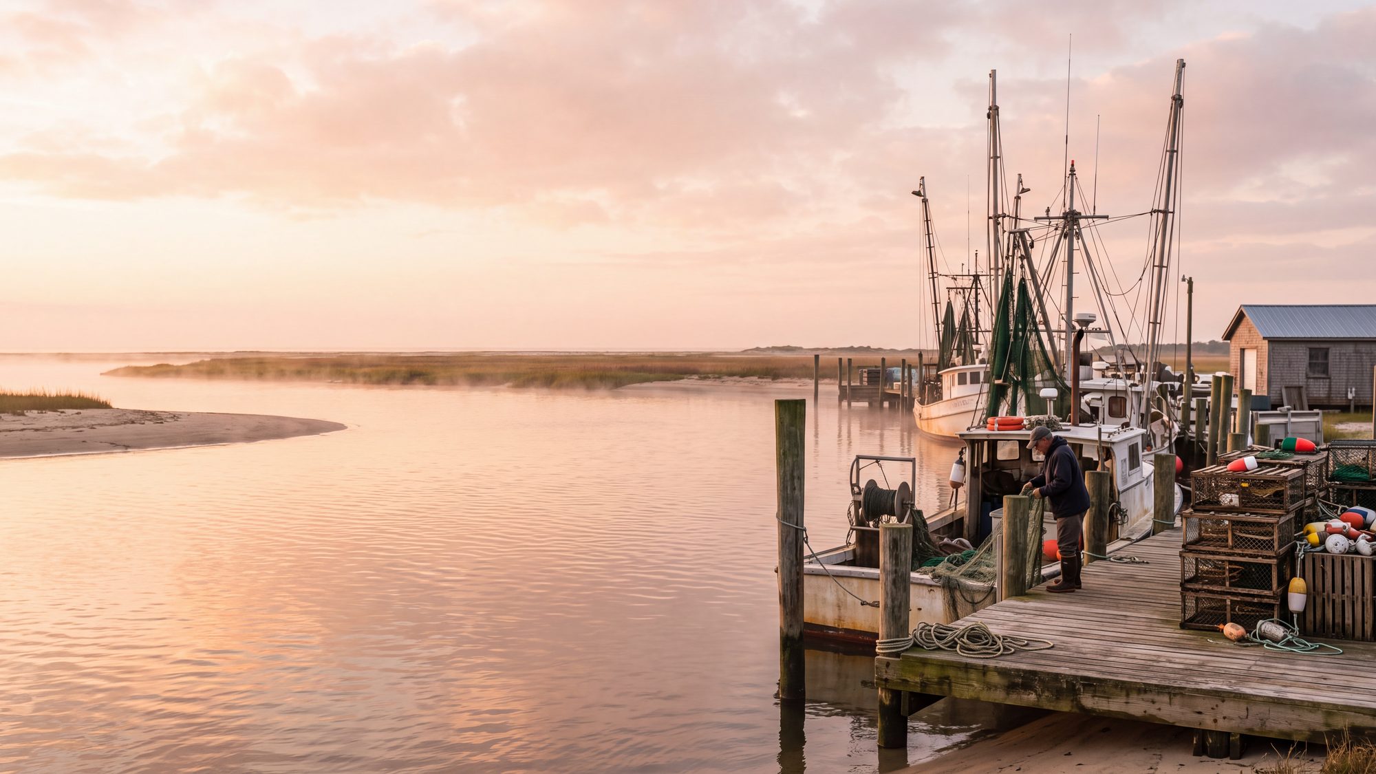 A small fishing harbor with trawlers and crab pots at the docks near a sandy inlet — Outer Banks, NC