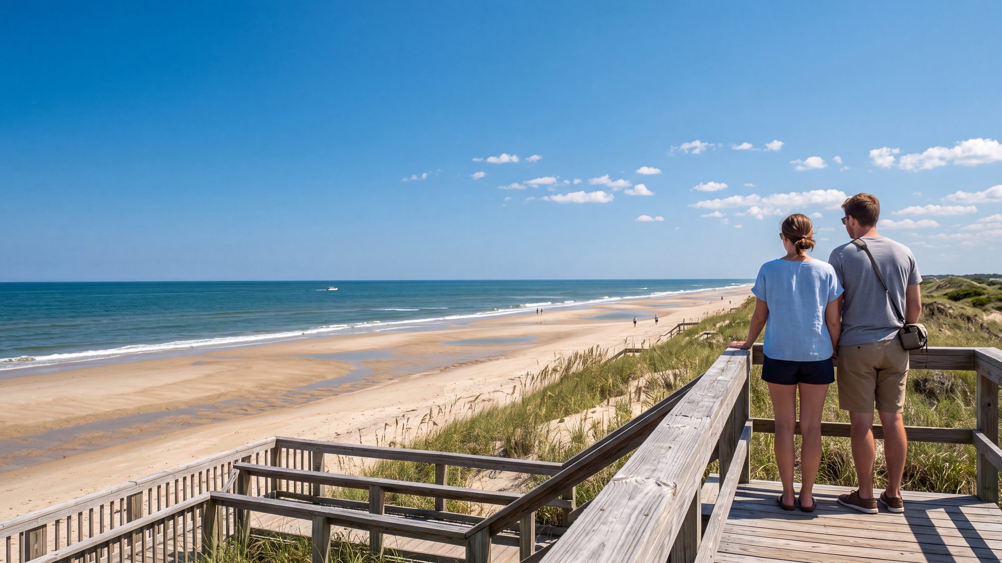 A couple on a dune boardwalk looking out at a low-tide beach with sandbars — Outer Banks, NC