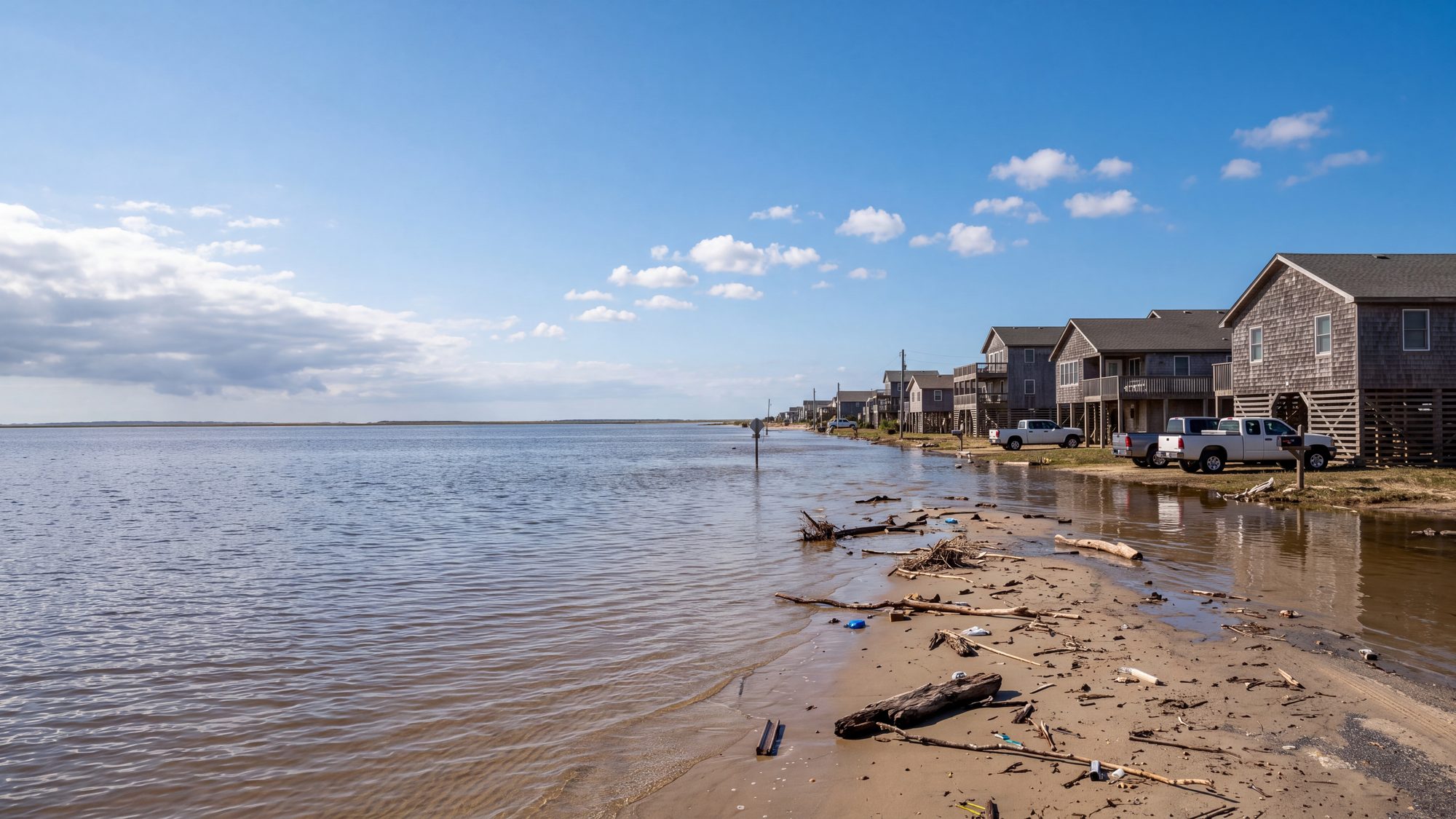 Sound-side floodwater standing across a village road with houses on pilings and debris after a storm, grey sky clearing — Outer Banks, NC