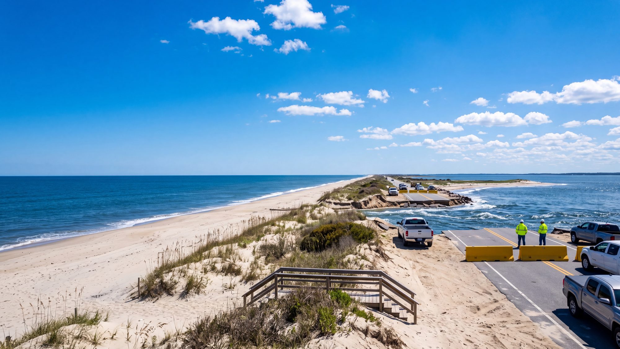 A beach road cut by a new inlet after a storm with the ocean pouring through to the sound, seen from the dune — Outer Banks, NC