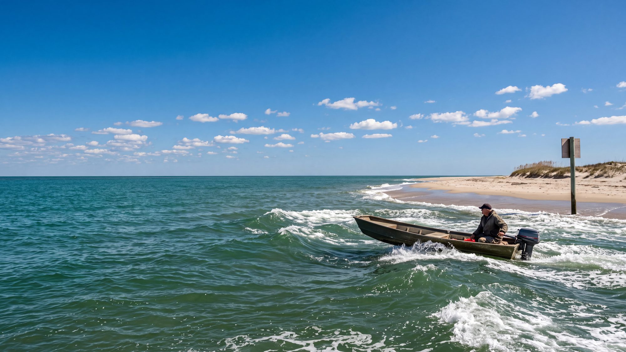 Fast green tidal water rushing through a sandy inlet with standing waves and a small boat holding position — Outer Banks, NC