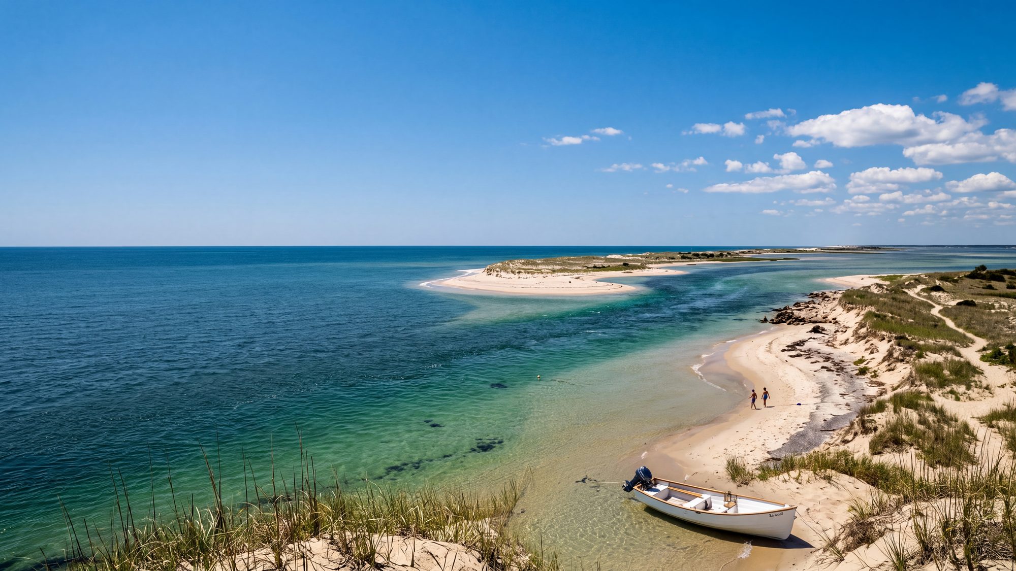 A slightly elevated view of a sandy inlet with pale shoals and dark deep channels visible through clear water — Outer Banks, NC