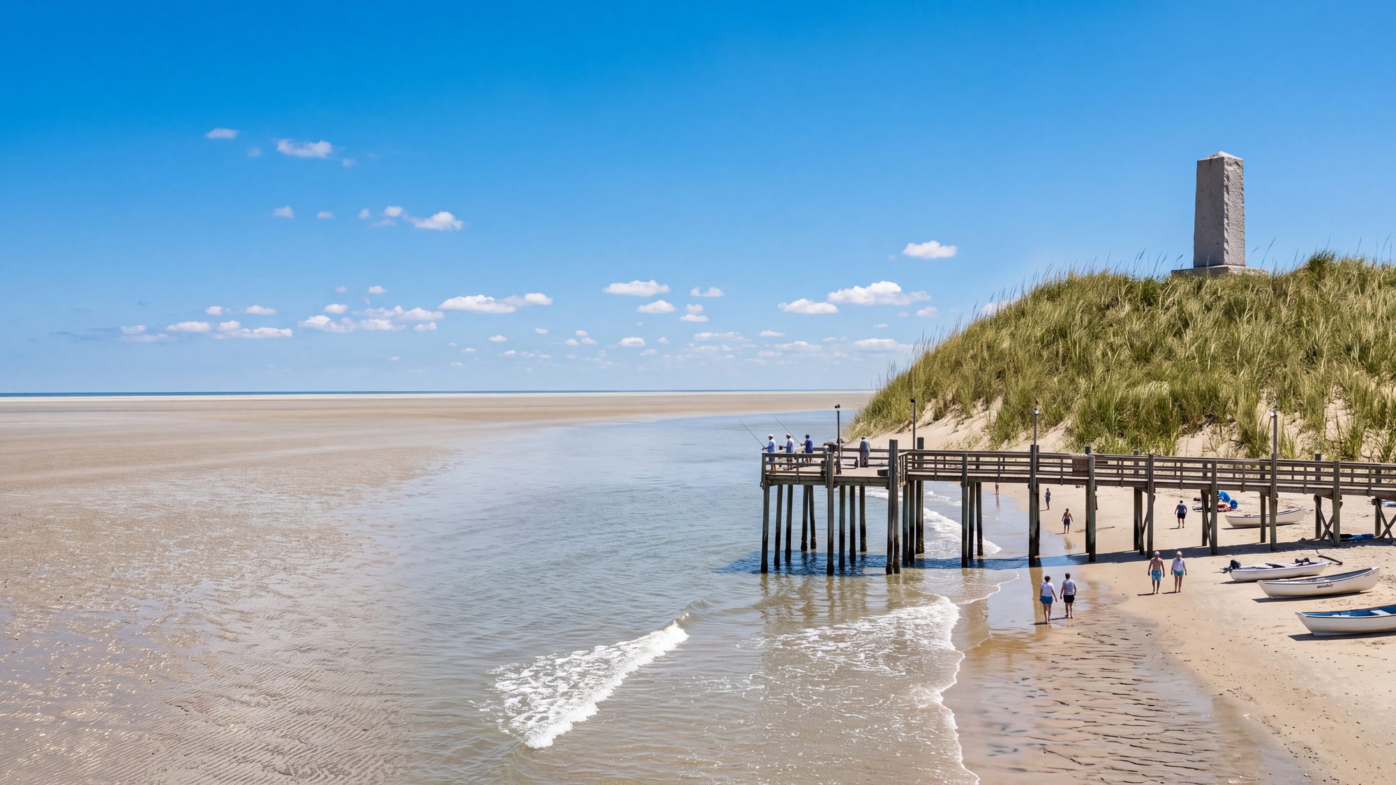 A beach at low tide with a wooden fishing pier and a tall grassy hill with a granite monument far inland — Outer Banks, NC