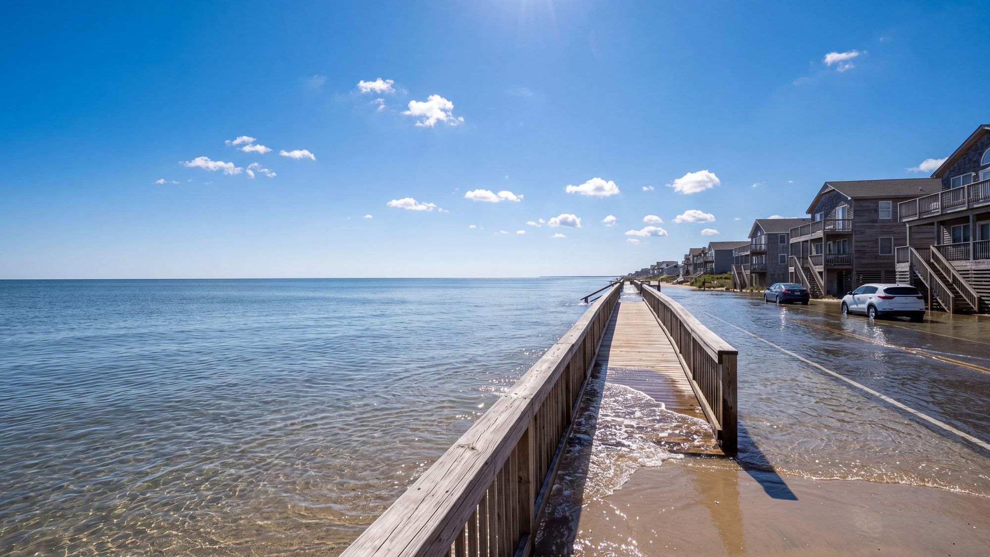 Calm clear seawater flooding a beach access boardwalk and street on a sunny day — Outer Banks, NC