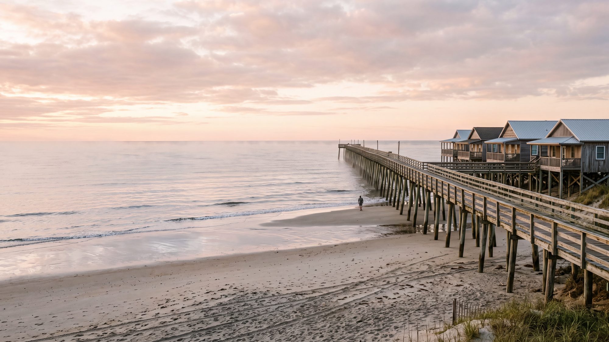 A beach at low tide with a long wooden fishing pier and a row of cottages on pilings — Outer Banks, NC
