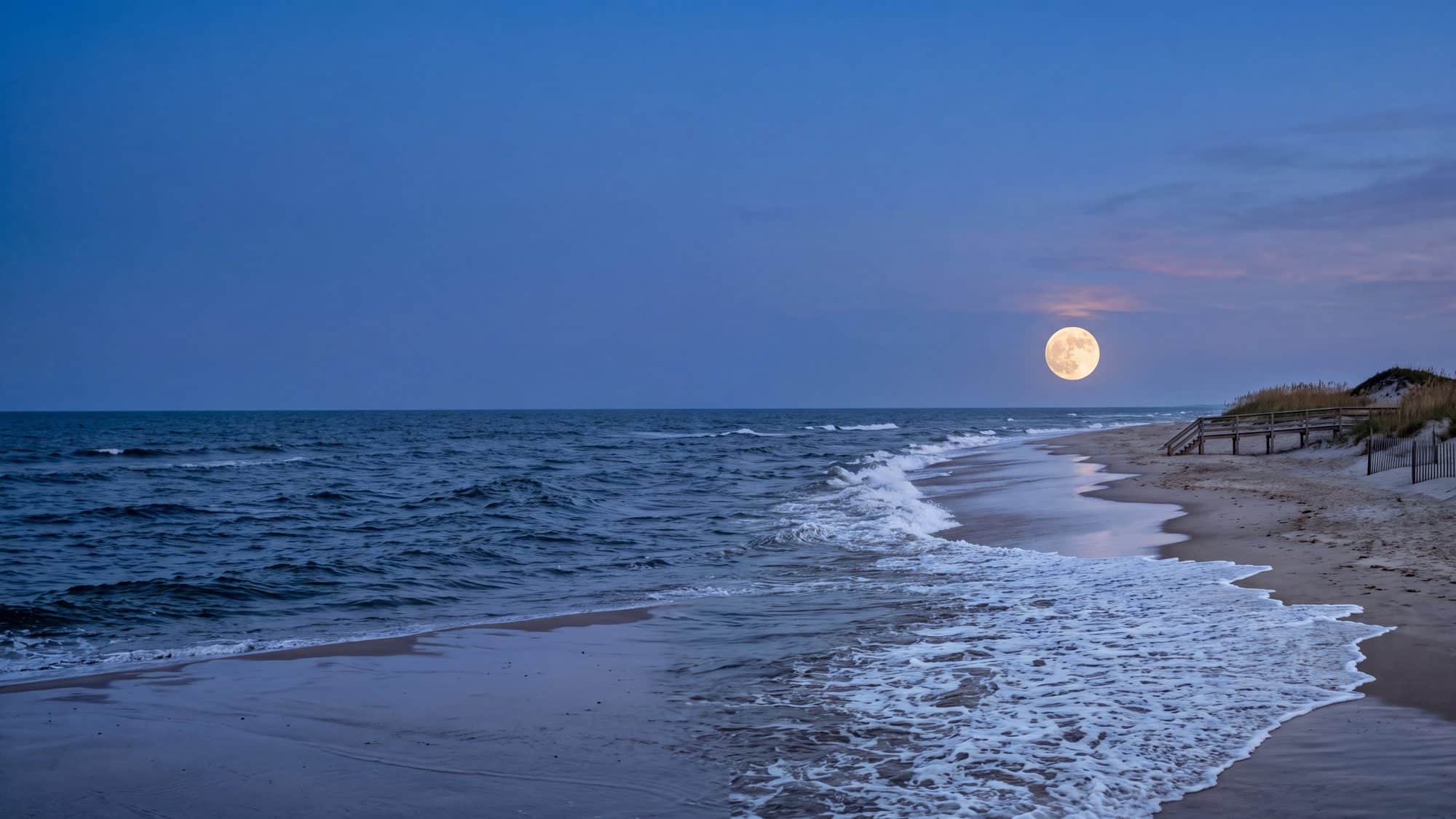A full moon rising over the ocean at dusk with the tide flooding up a wide beach — Outer Banks, NC