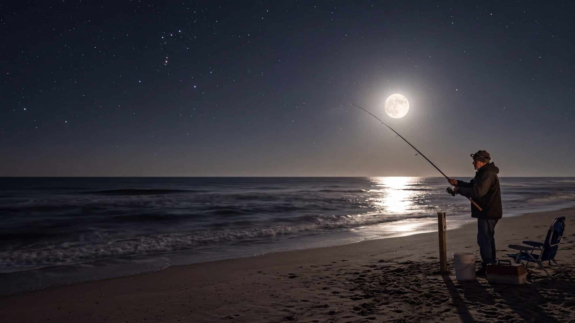 A full moon low over the ocean with a moon-glitter path on the water and a lone angler on the beach — Outer Banks, NC