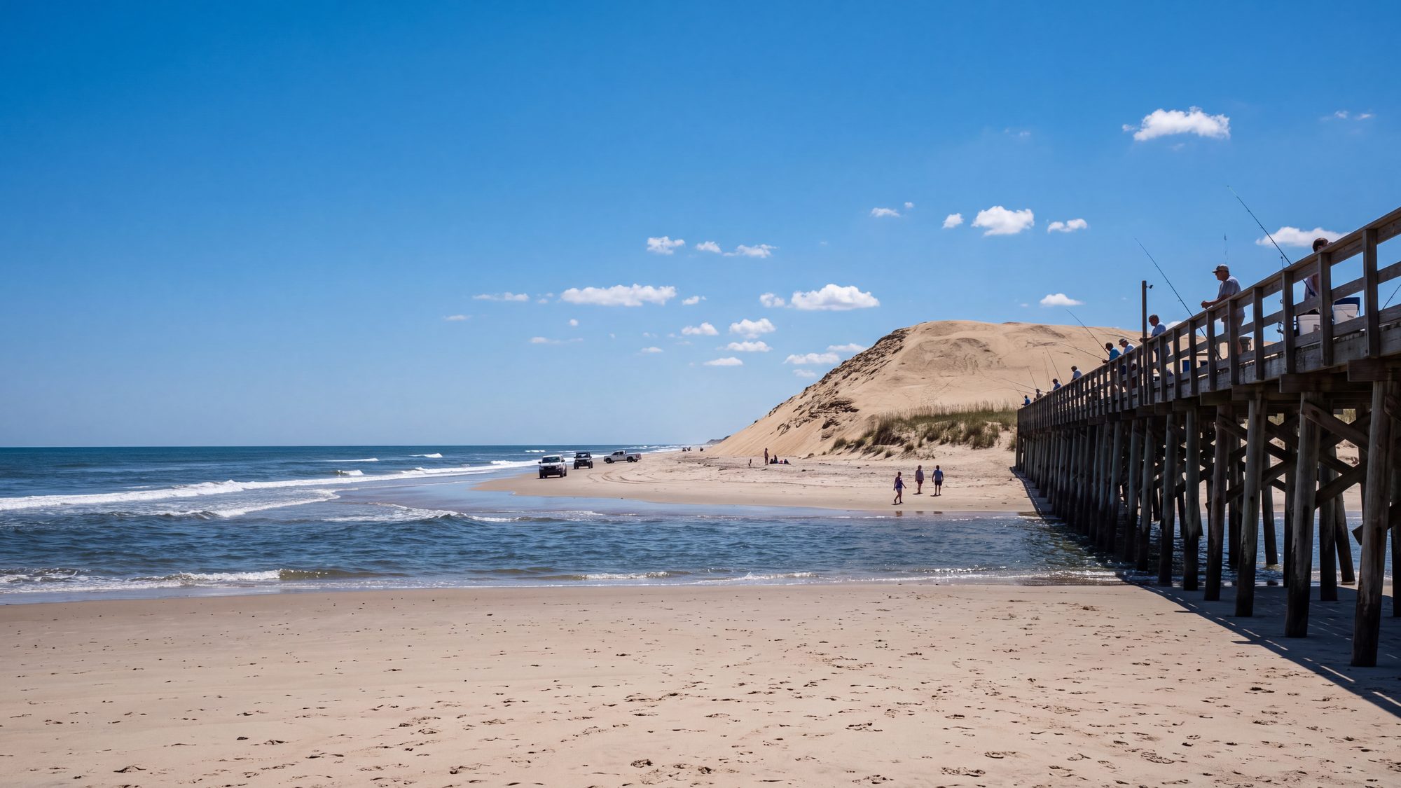 A wooden fishing pier and an enormous bare sand dune inland, seen from a wide low-tide beach — Outer Banks, NC