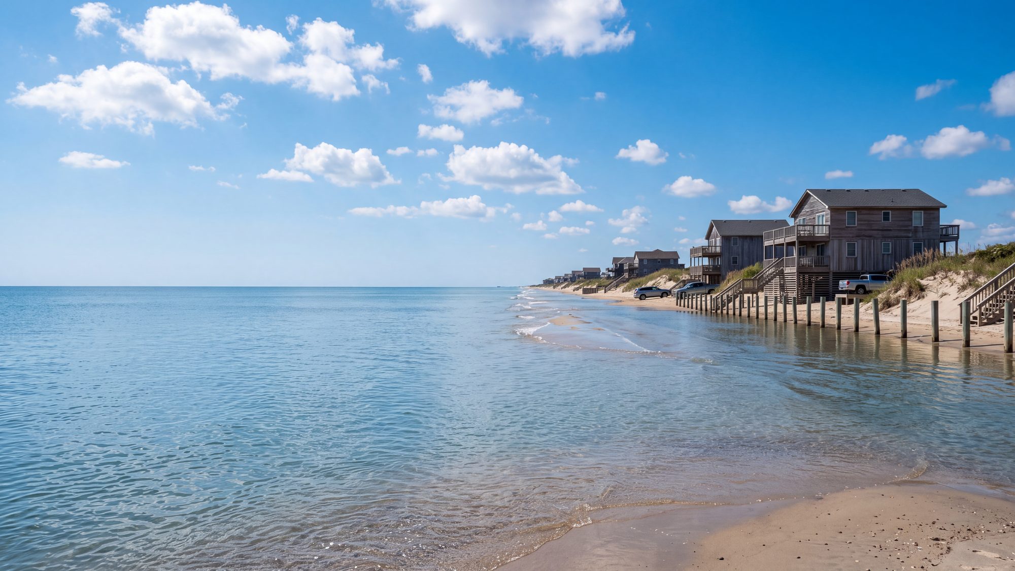 Clear seawater standing on a beach road at high tide on a calm sunny day with houses on pilings behind — Outer Banks, NC