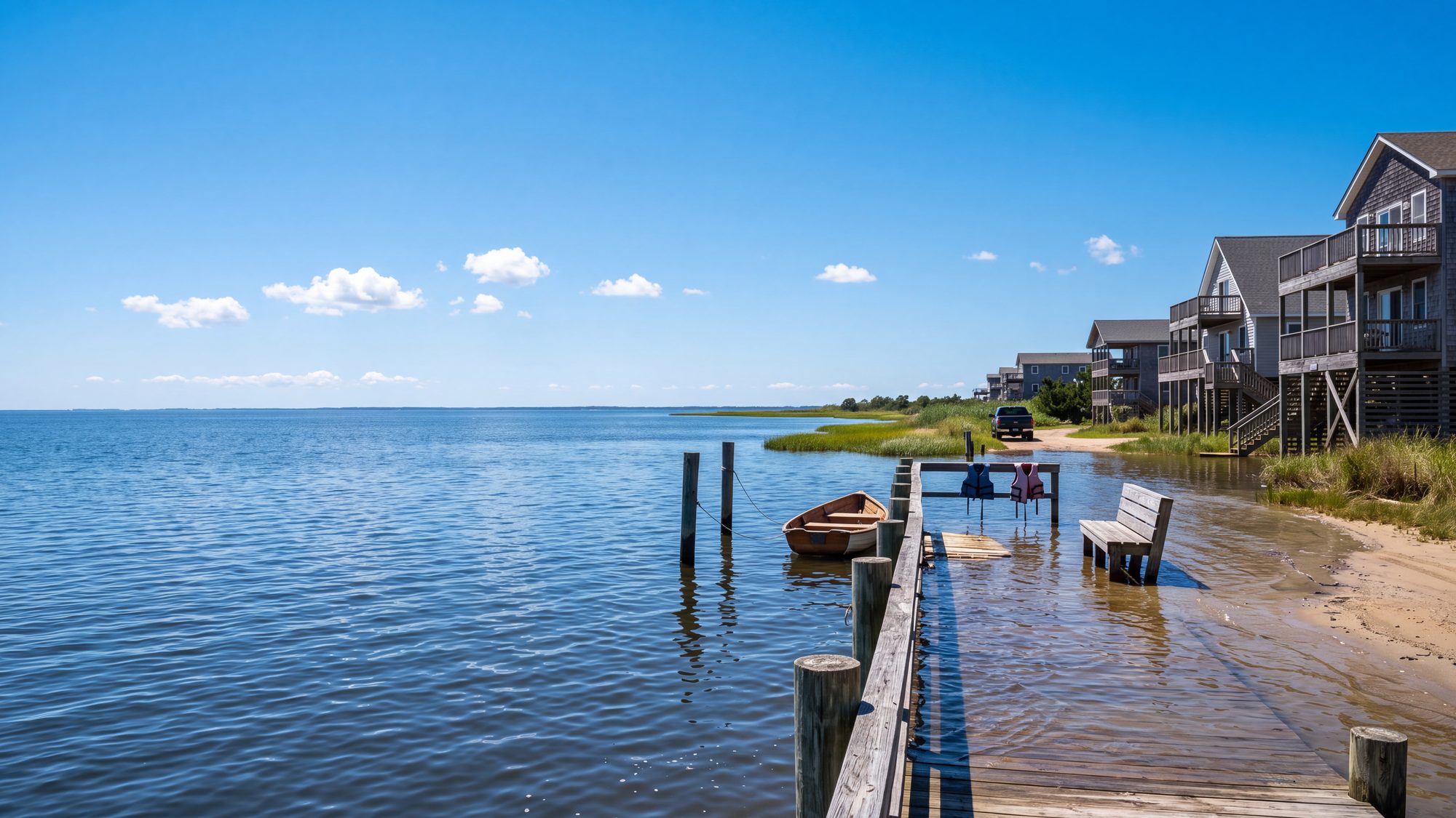 Sound-side water lapping over a wooden dock and a low sandy road during a high water event, houses on pilings behind — Outer Banks, NC