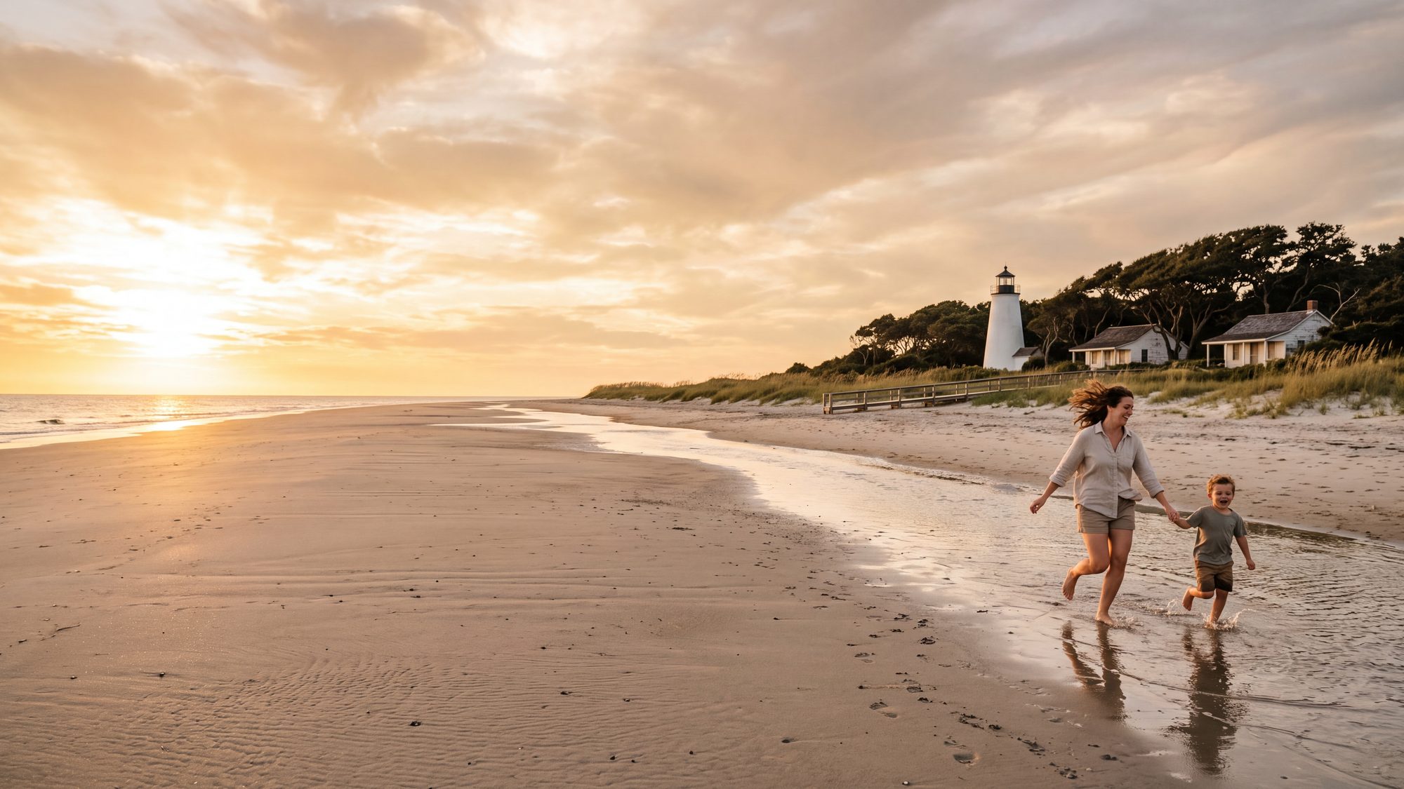 A wide empty island beach at low tide with no houses, the Ocracoke Lighthouse far behind the dunes — Outer Banks, NC