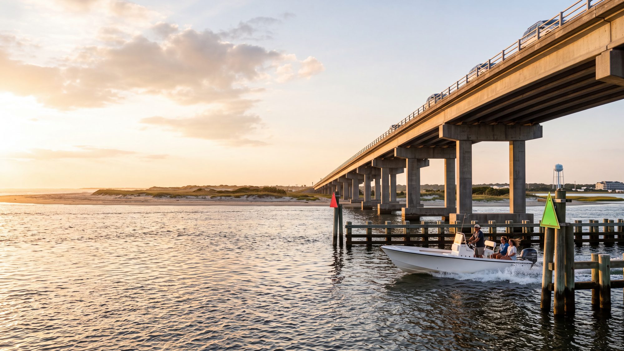 A small white boat running the marked channel under a long modern concrete bridge across a sandy inlet — Outer Banks, NC