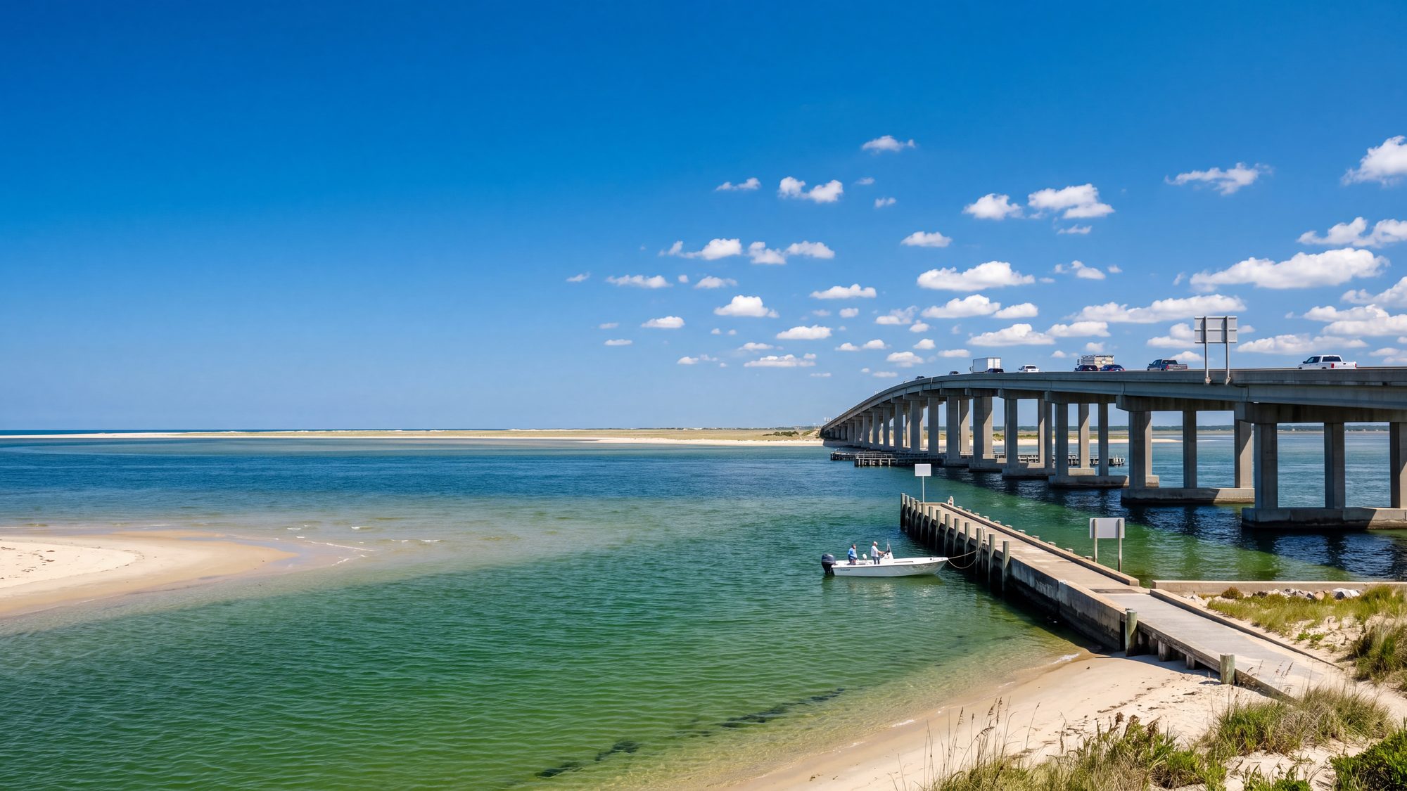 A sandy inlet with green tidal water and a long modern concrete highway bridge on tall piers crossing it, a small boat below — Outer Banks, NC