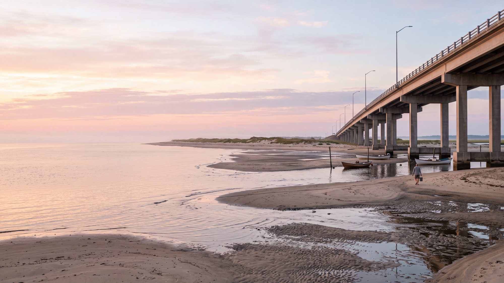 A sandy inlet at low tide with exposed shoals and a long modern concrete bridge on tall piers — Outer Banks, NC