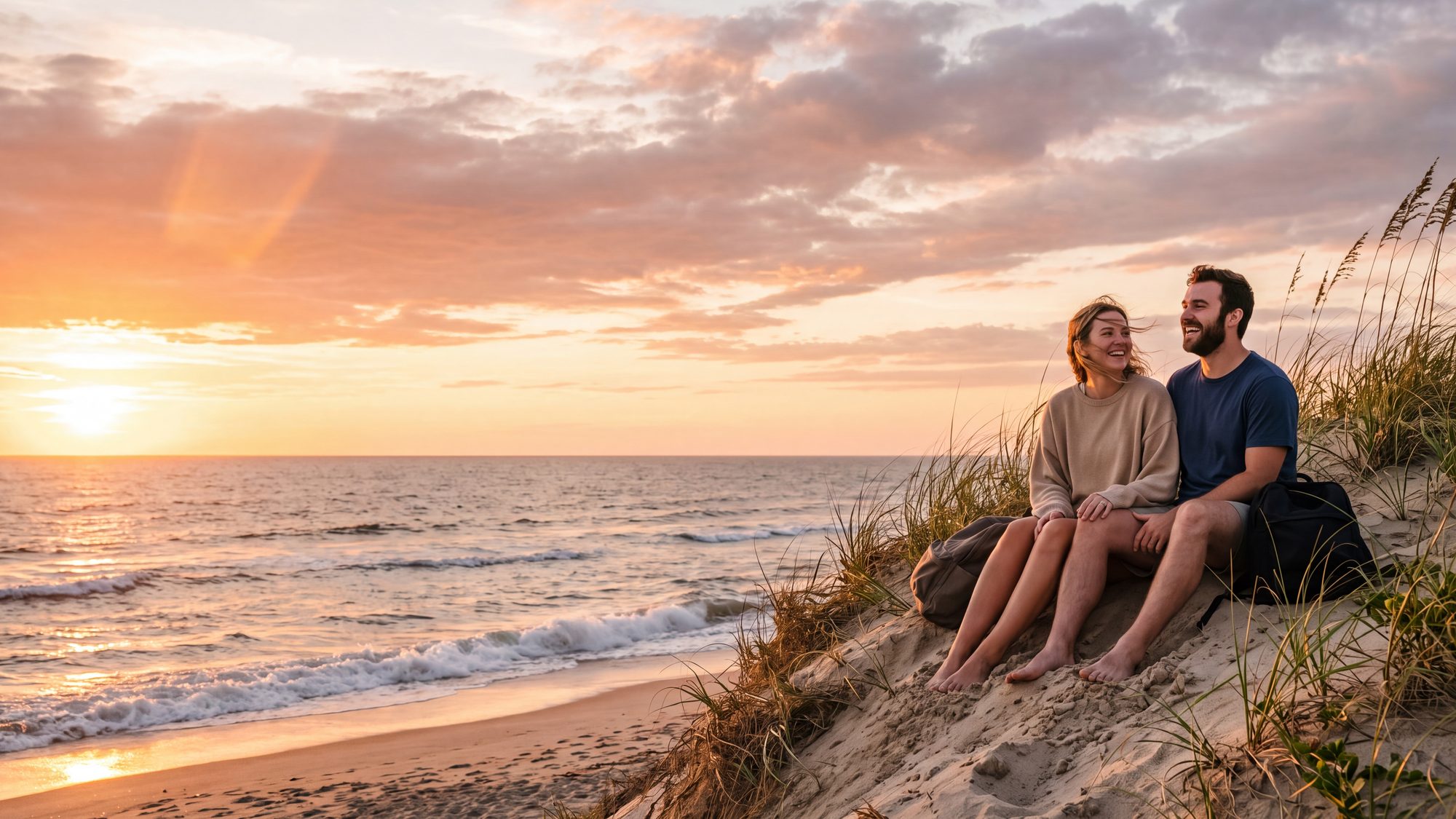 A couple sitting on a dune at sunset looking at the tide coming in — Outer Banks, NC