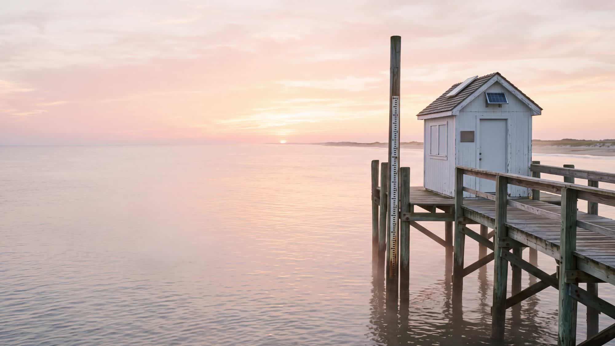 A small white tide-gauge house on the end of a wooden pier over calm water with a measuring staff on a piling — Outer Banks, NC