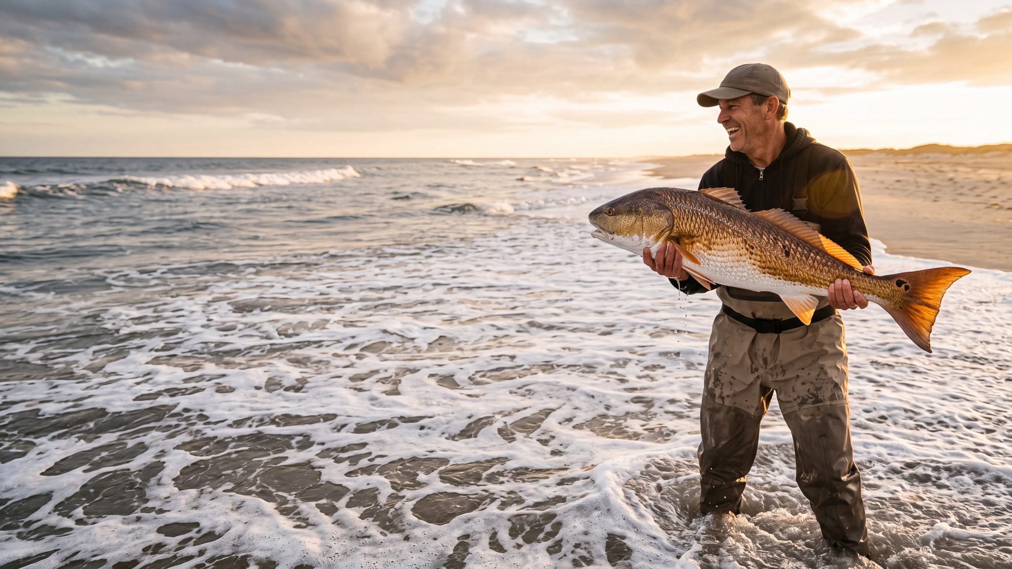 An angler in waders holding up a big bronze red drum with the black tail spot in the surf — Outer Banks, NC