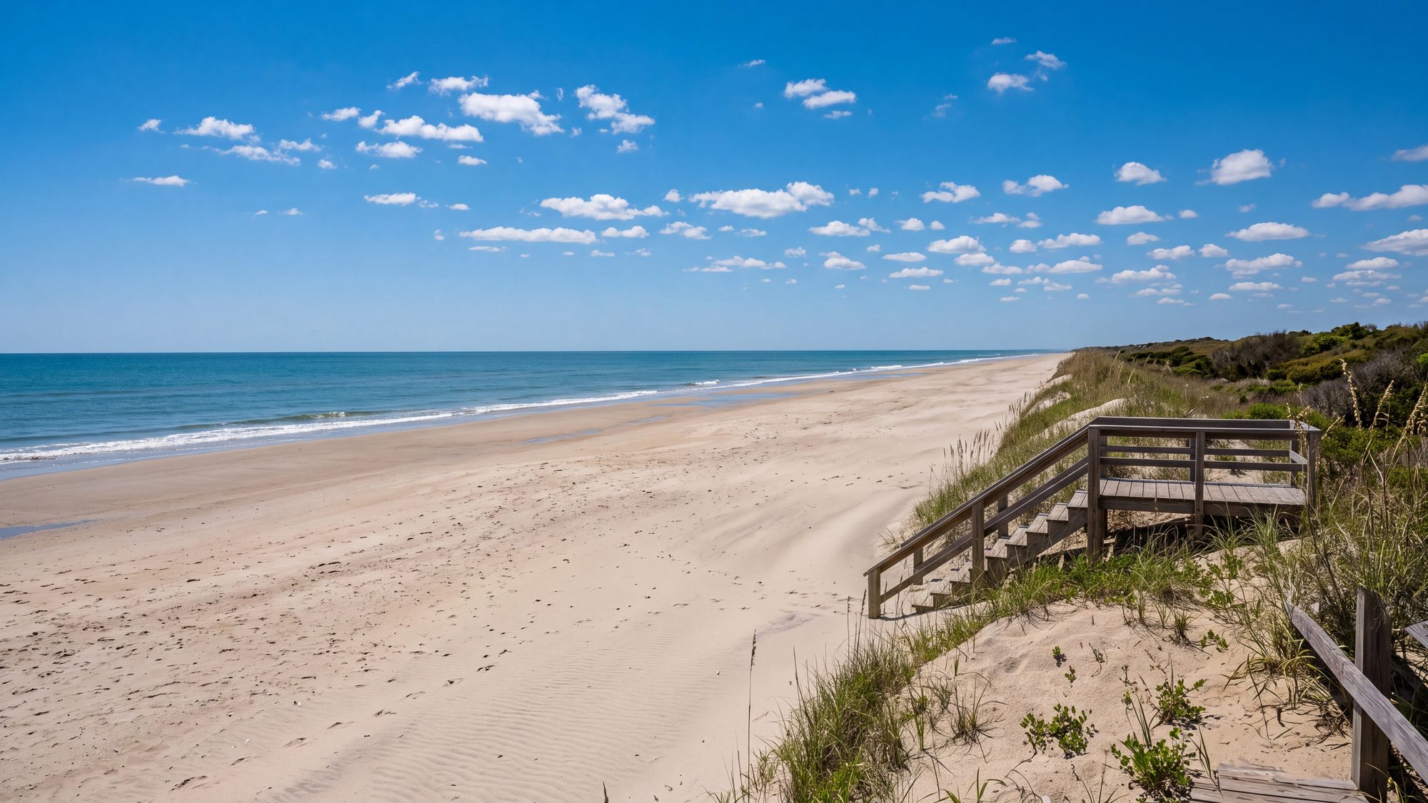 A wooden dune walkway leading down to a wide beach at low tide — Outer Banks, NC