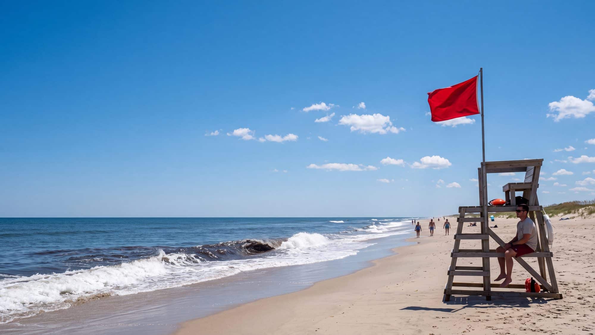 A lifeguard stand with a red flag snapping in the wind above a beach where a dark gap in the breaking waves shows a rip channel — Outer Banks, NC