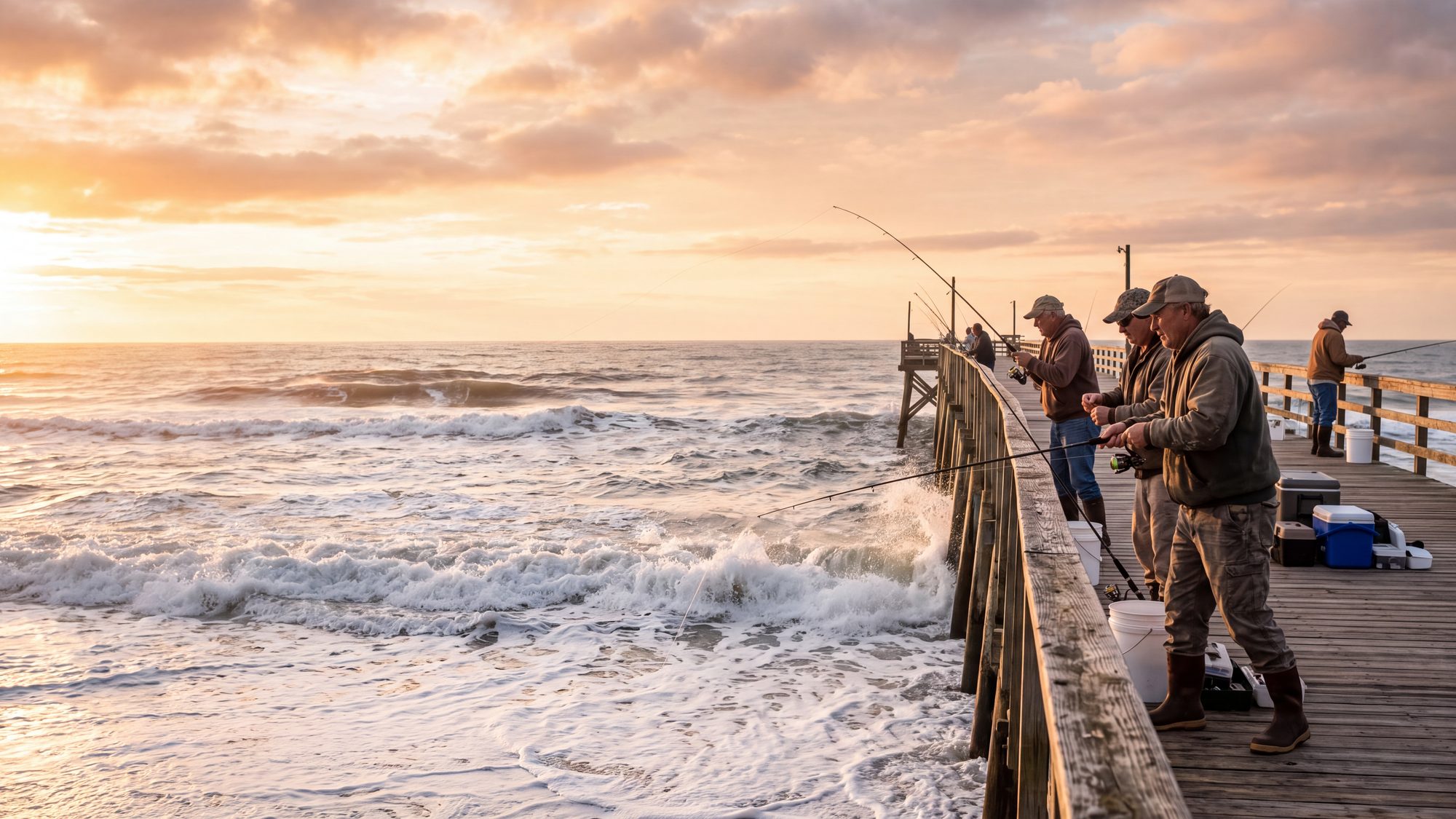 A weathered wooden pier reaching into big rolling surf with a few anglers at the rail — Outer Banks, NC