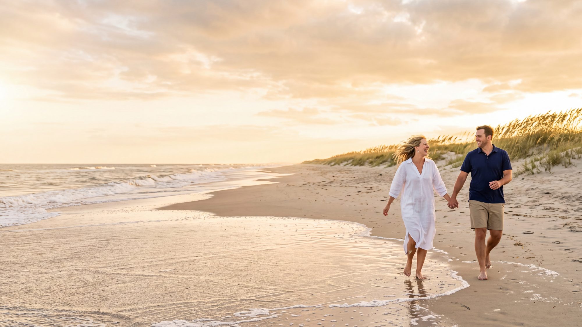 A quiet wide beach with low dunes and sea oats at low tide, a couple walking the tide line — Outer Banks, NC