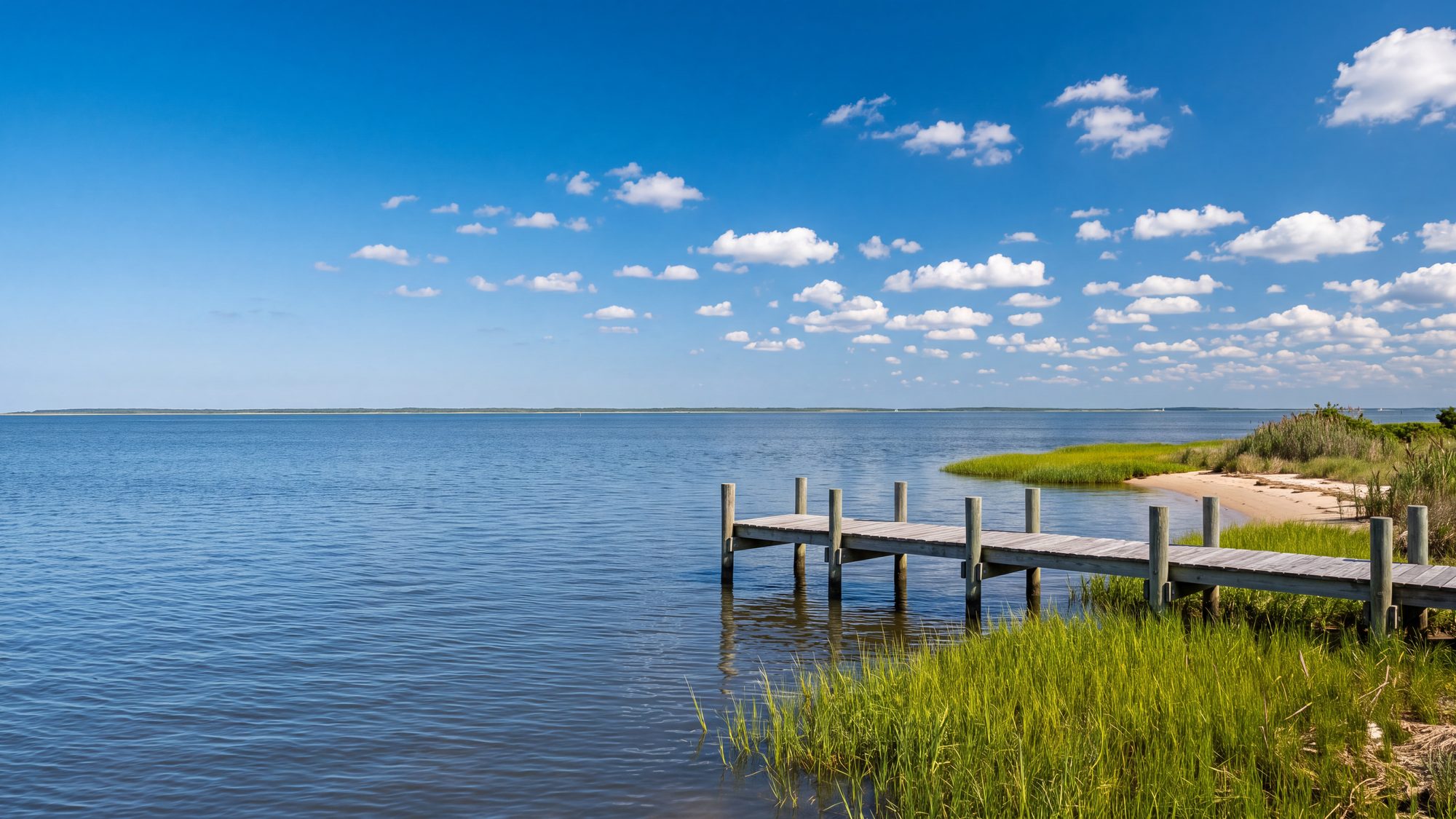 A calm sound-side shoreline with marsh grass and a small dock at high water on a summer afternoon — Outer Banks, NC