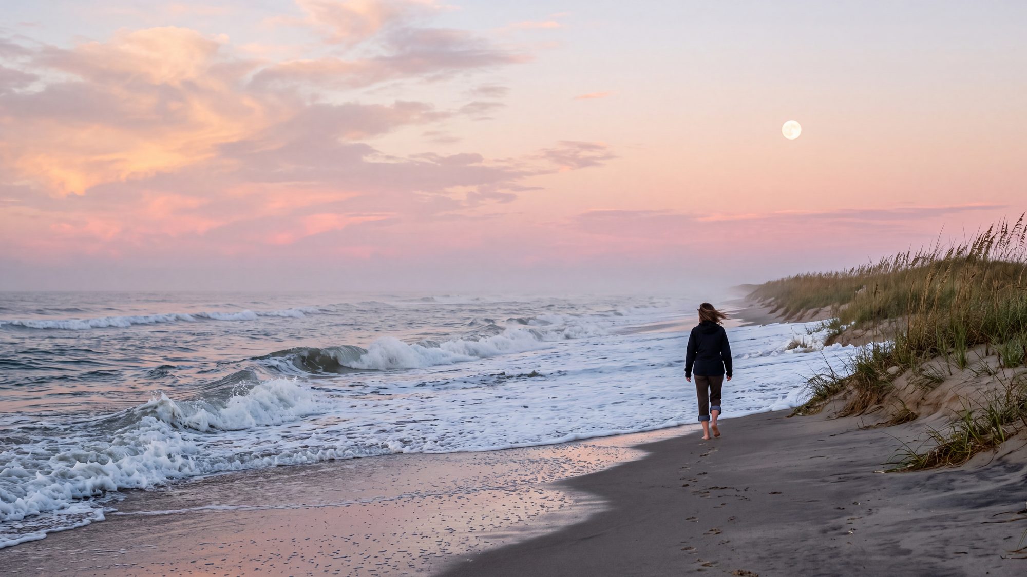 An unusually high spring tide washing right up to the dune toe with a full moon still visible in the morning sky — Outer Banks, NC