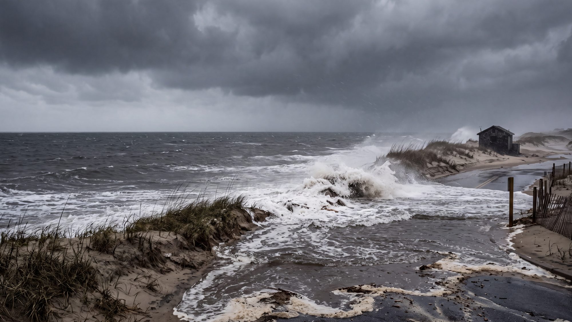 Big storm waves overwashing the dune line and flooding across an empty beach access road, sea foam and sand across the pavement — Outer Banks, NC