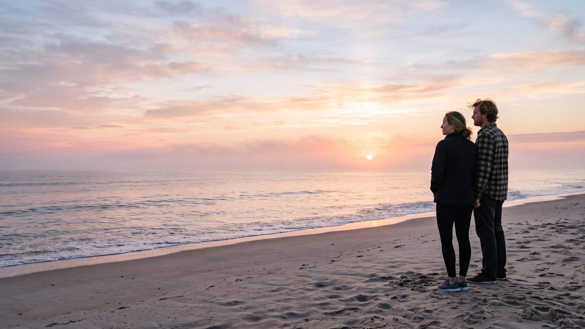 The sun rising out of the ocean over a wide flat beach with a couple watching from the sand — Outer Banks, NC