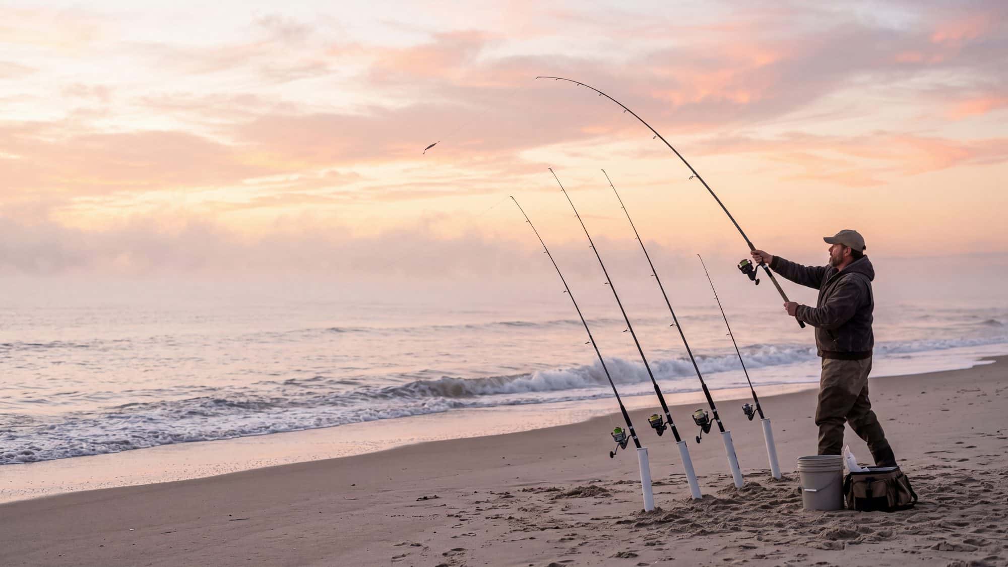 An angler casting a long surf rod into the surf beside rods in sand spikes at first light — Outer Banks, NC