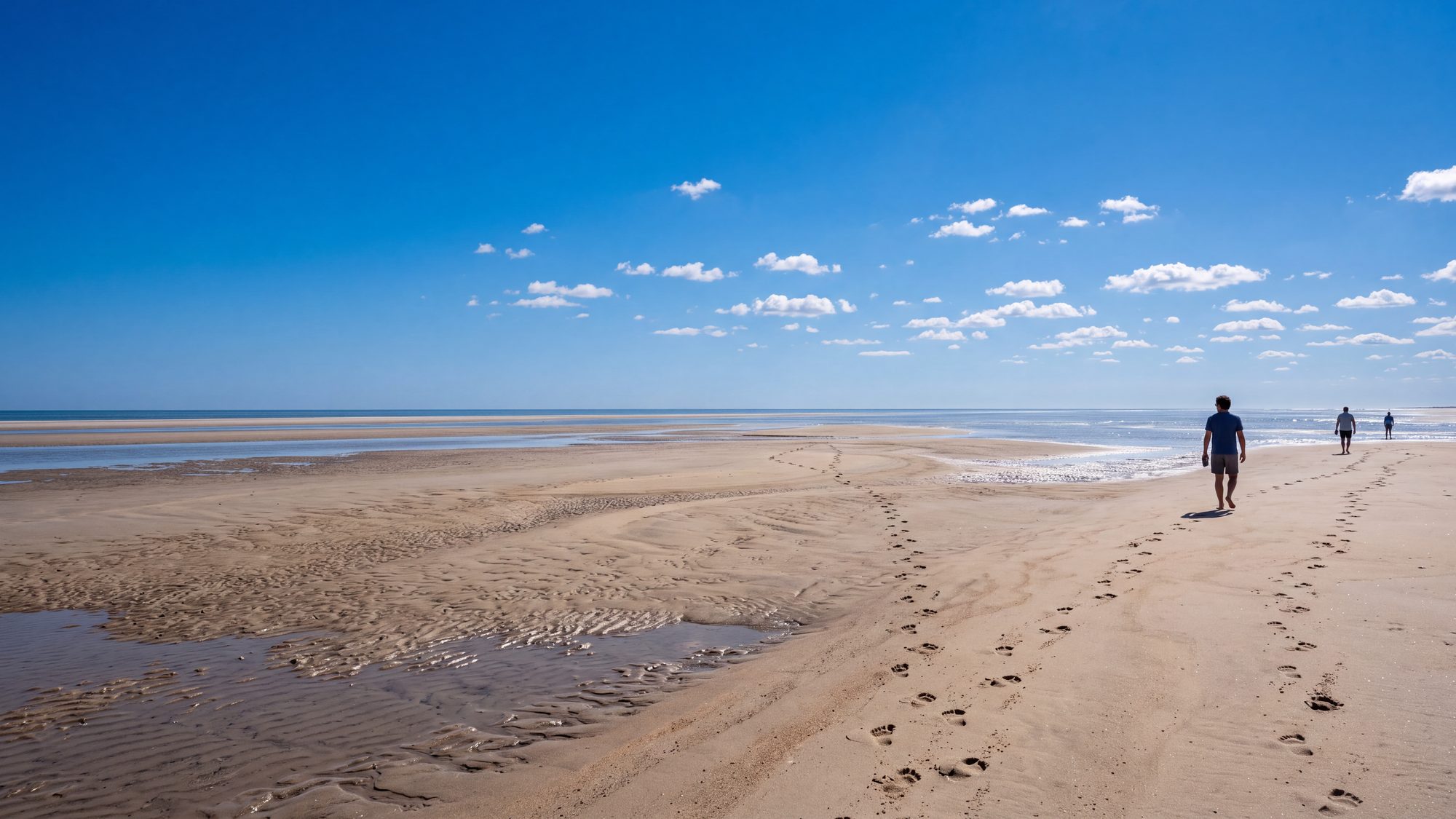 Wet sand and exposed sandbars stretching far out at low tide with the ocean a long way off, footprints leading out — Outer Banks, NC