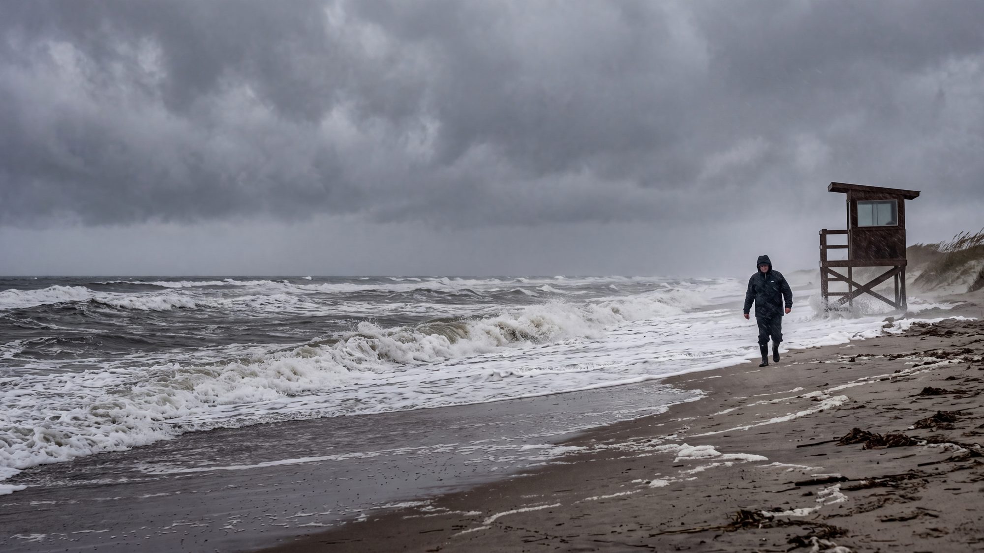 Wind-driven waves pushing water high up a beach under a grey sky with the surf far above the normal wrack line — Outer Banks, NC