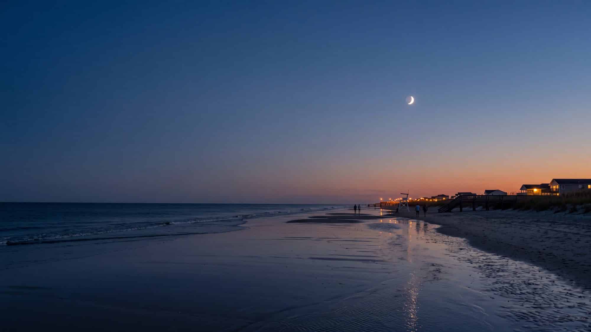 A crescent moon in a dusk sky over a wide calm beach at low tide — Outer Banks, NC