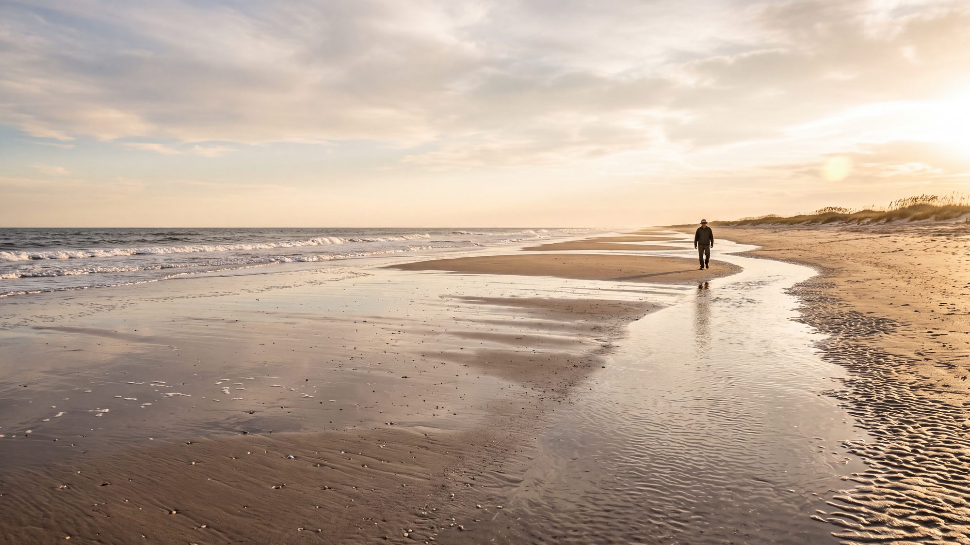 A wide beach at dead low tide, a lone walker far out on a sandbar — Outer Banks, NC