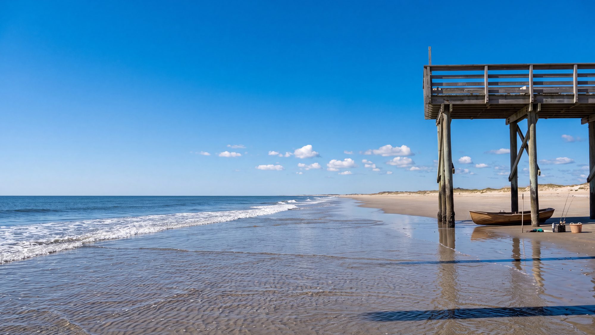 A wooden pier's pilings showing the dark wet band of the tide range above a low-tide beach — Outer Banks, NC
