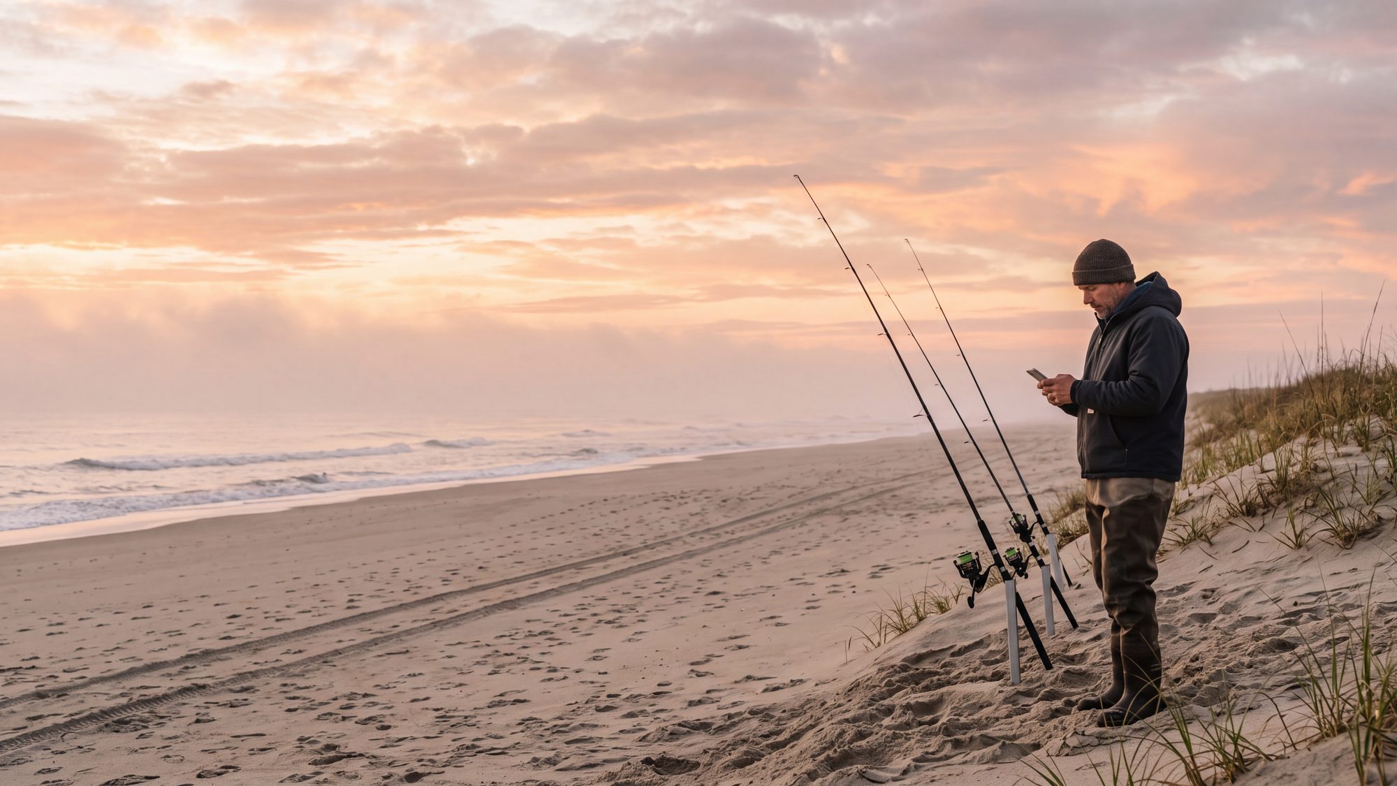 An angler on a dune at first light checking a phone beside three surf rods in sand spikes — Outer Banks, NC